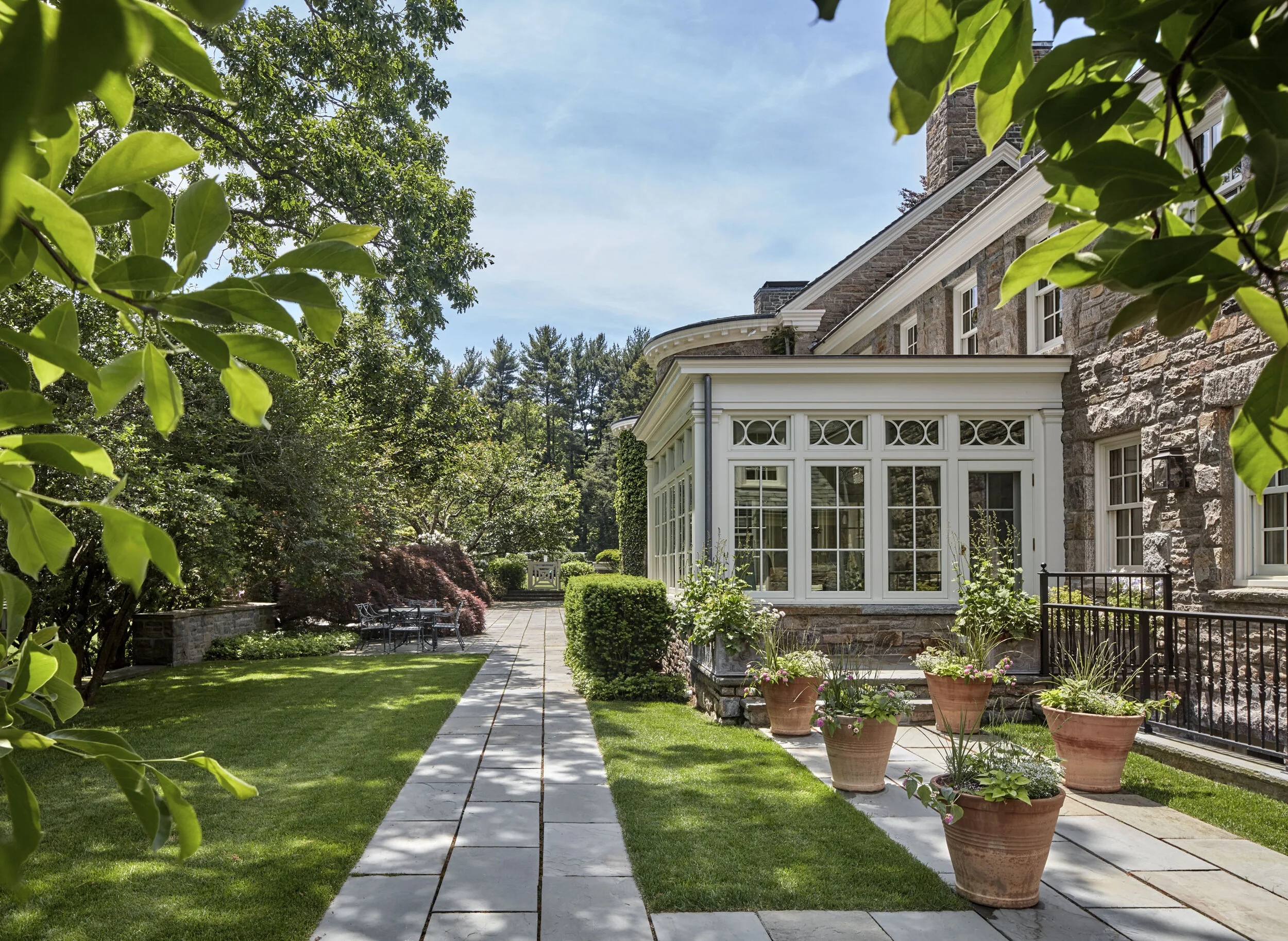 Georgian colonial home in Greenwich CT, outdoor screened porch detail
