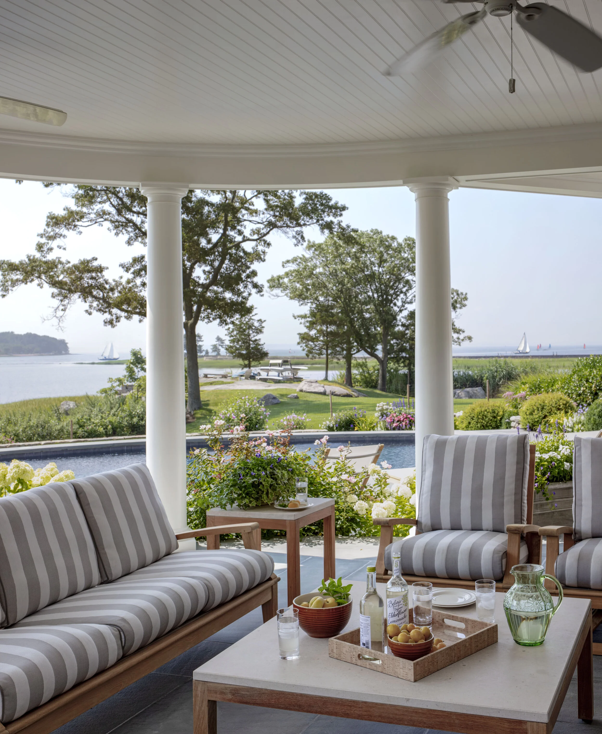 Shingle style home in Greenwich CT, outdoor garden terrace