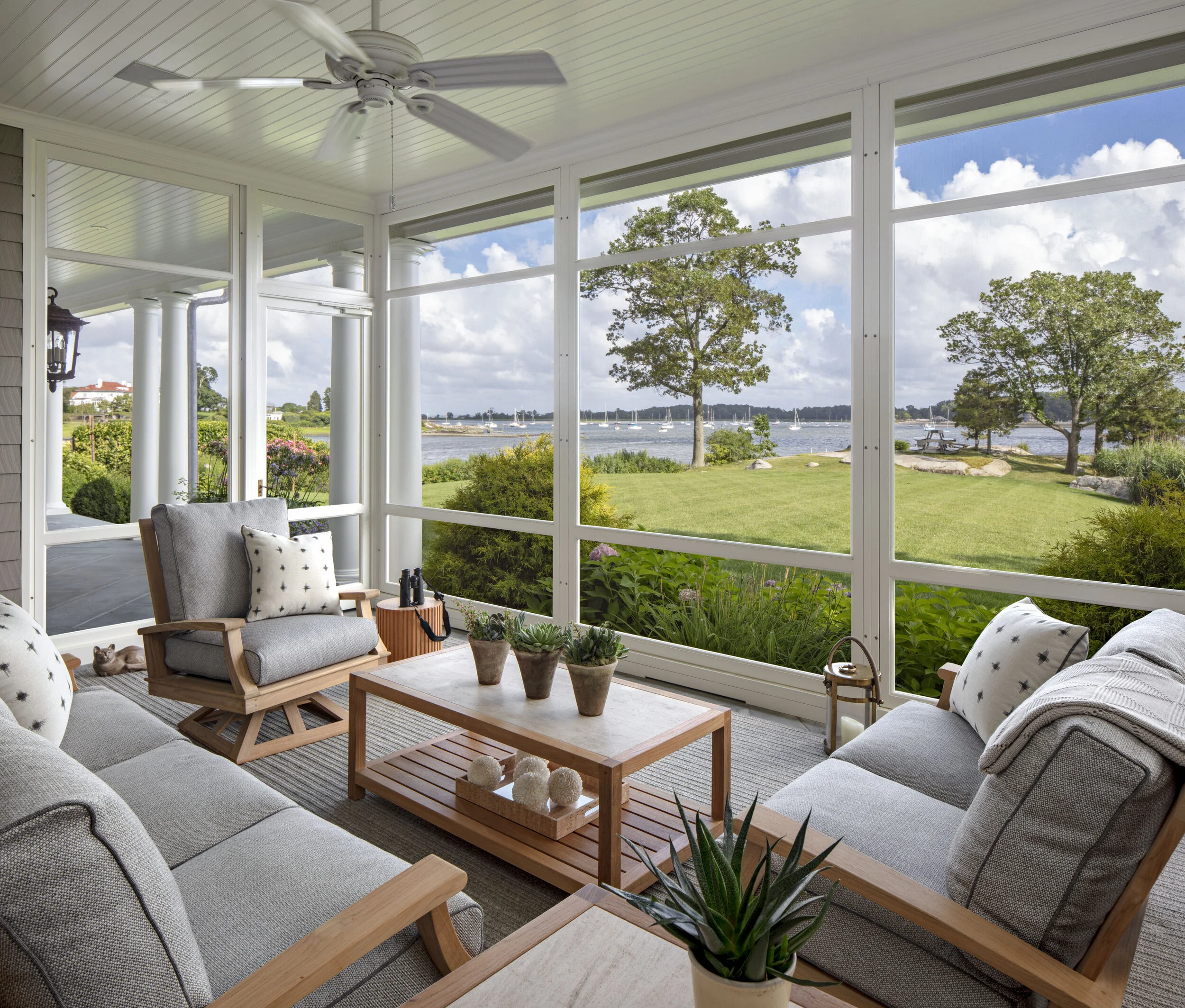 Shingle style home in Greenwich CT, outdoor garden terrace detail
