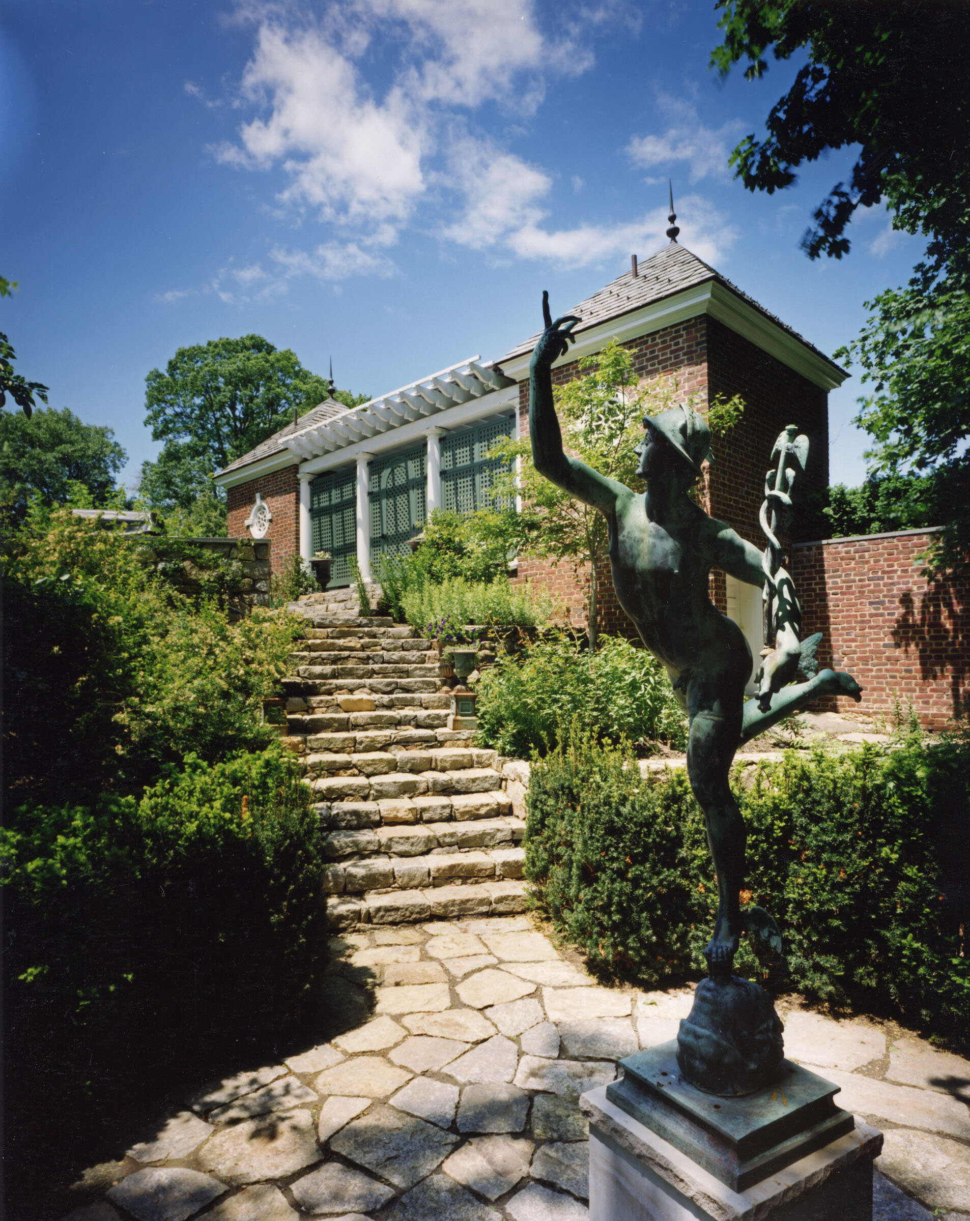 Georgian home in Greenwich CT, covered outdoor terrace detail