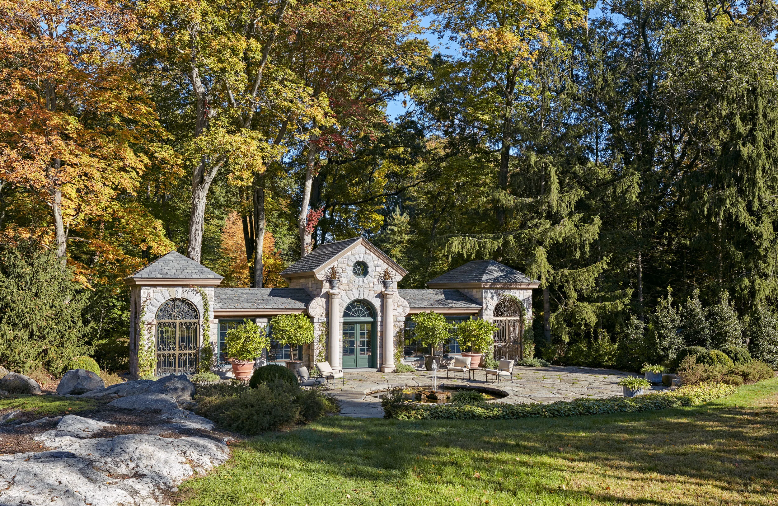 Tudor home in Greenwich CT, outdoor stone patio