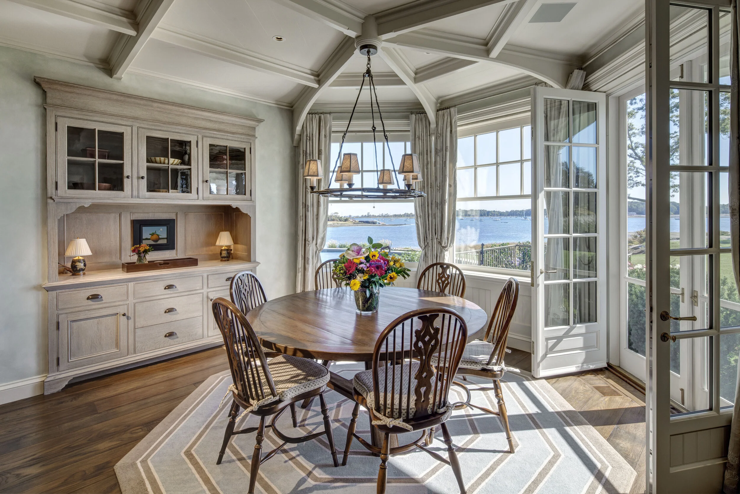 Colonial home in Greenwich CT, dining room coffered ceiling