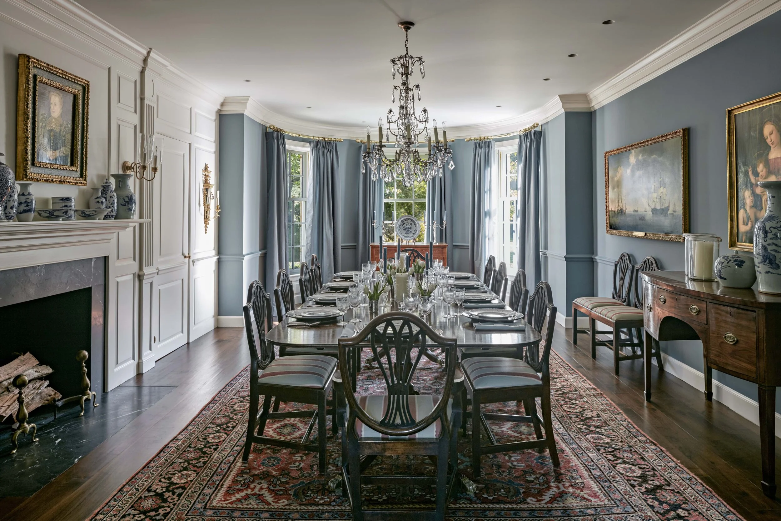 Colonial home in Greenwich CT, dining room with wainscoting