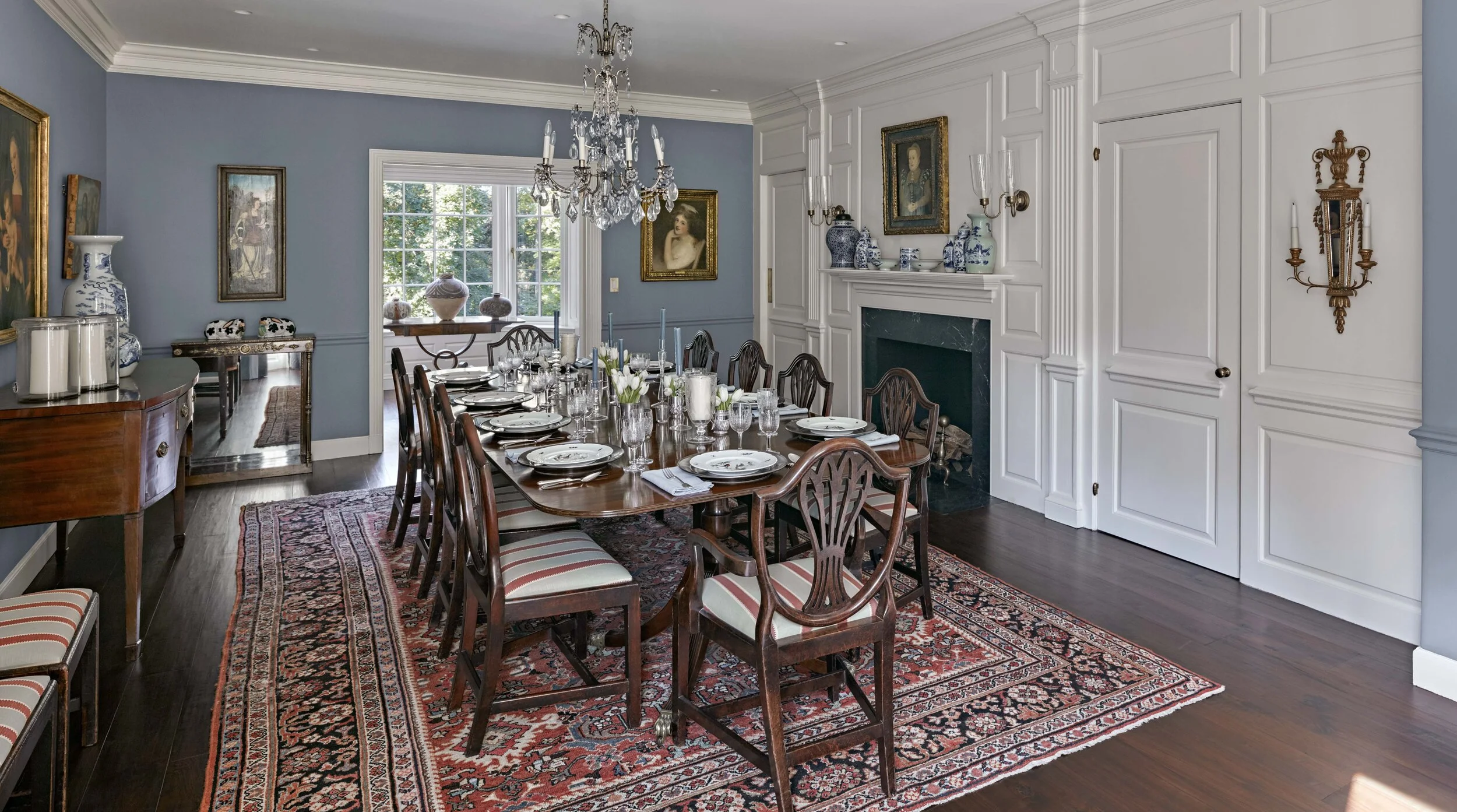 Shingle style home in Greenwich CT, open plan dining room