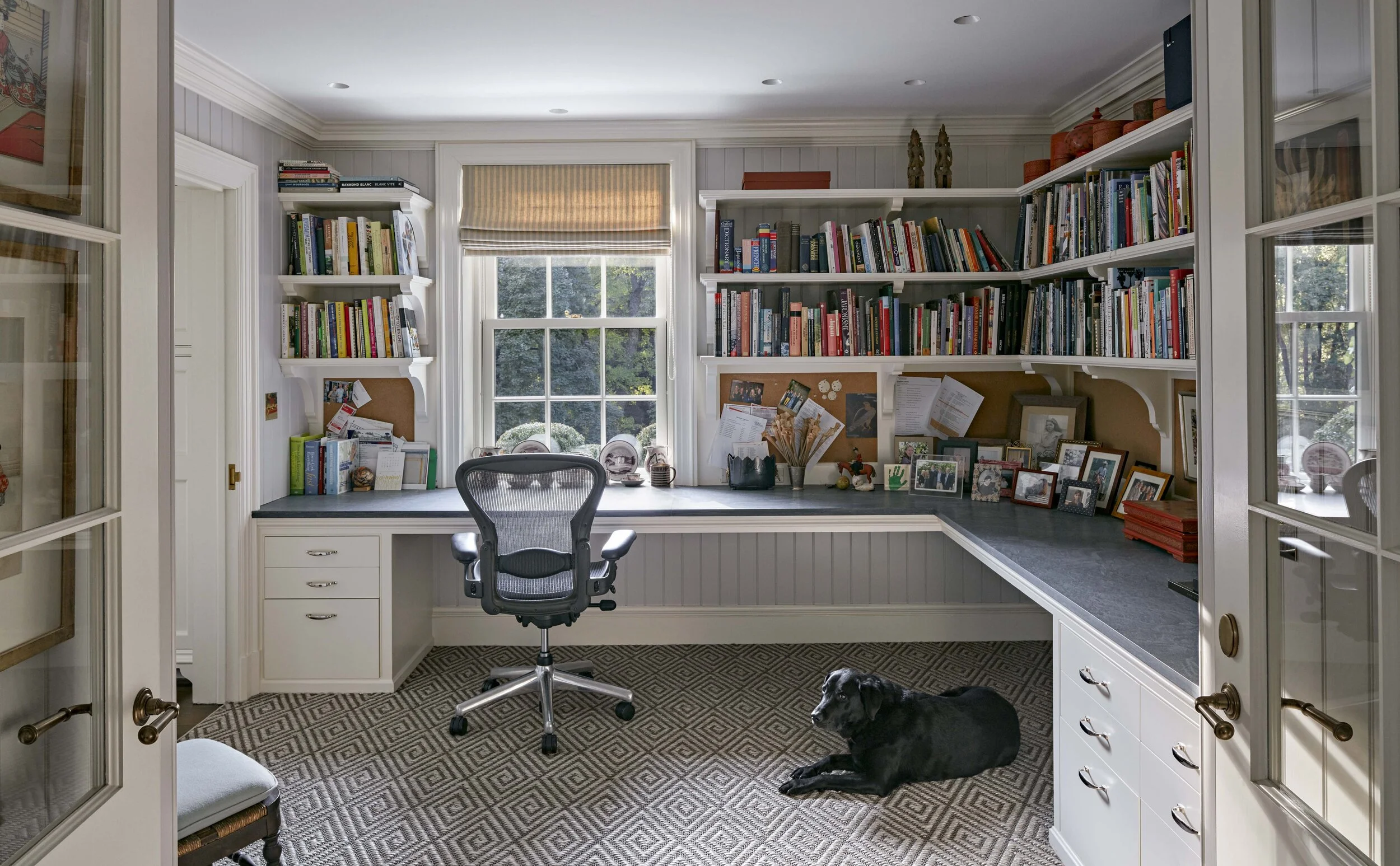 Colonial home in Greenwich CT, home office coffered ceiling