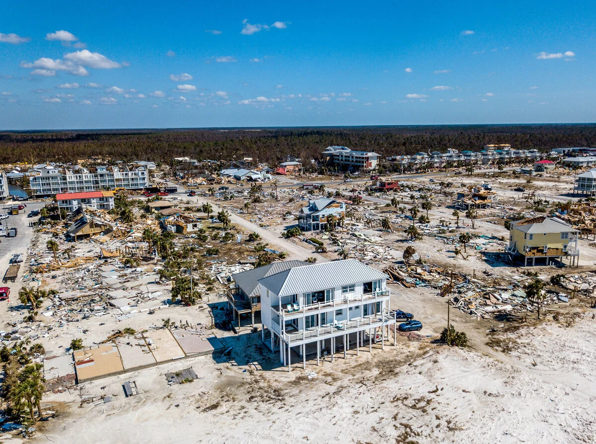 Aerial view of Mexico Beach after 2018 Hurricane Michael passed through.&nbsp;A few well-built homes survived the storm intact, while most other neighboring homes were partially or completely destroyed by the storm.&nbsp;