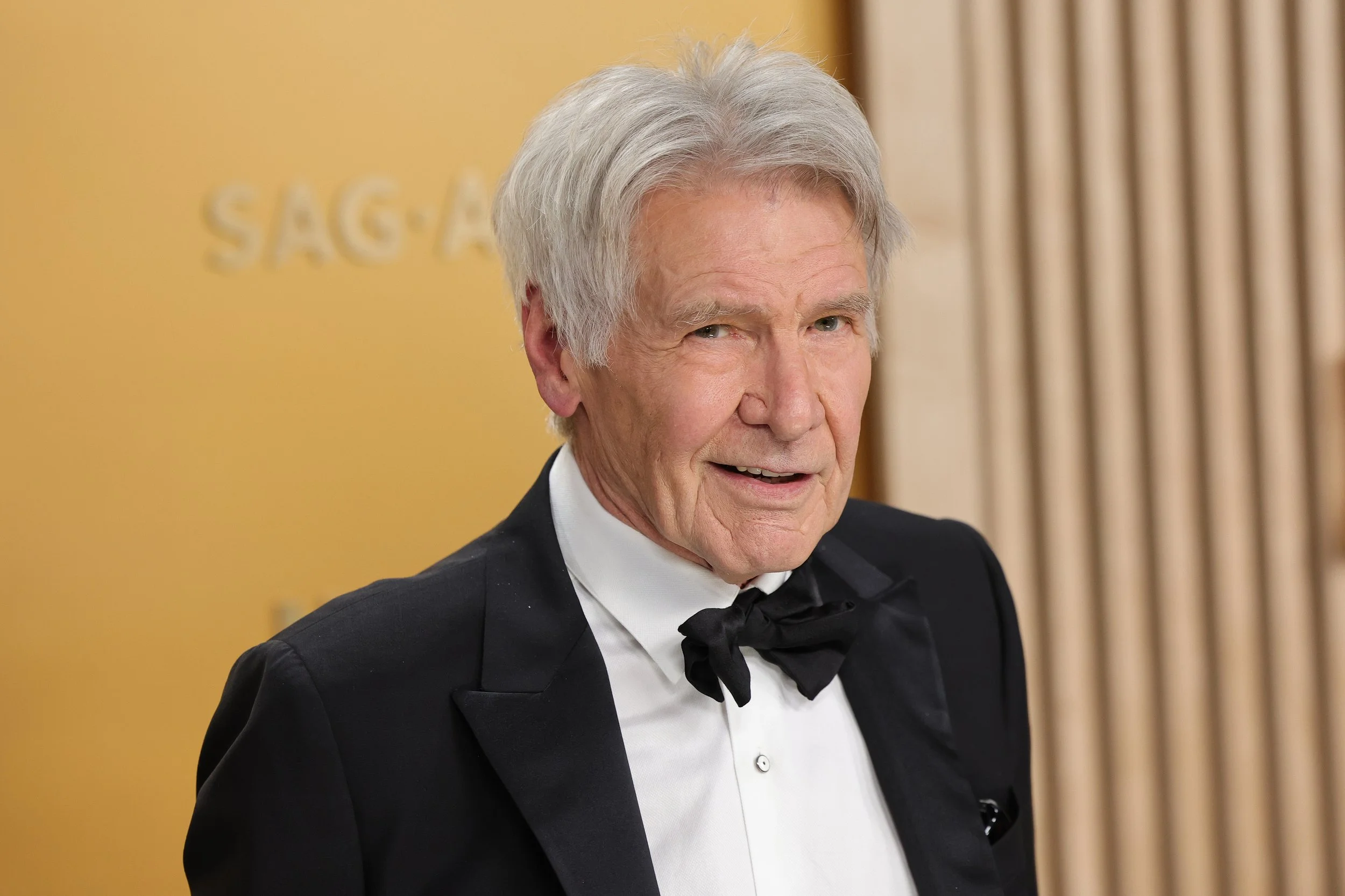Older man with gray hair wearing a tuxedo with a bow tie, standing in front of a yellow background with blurred text.