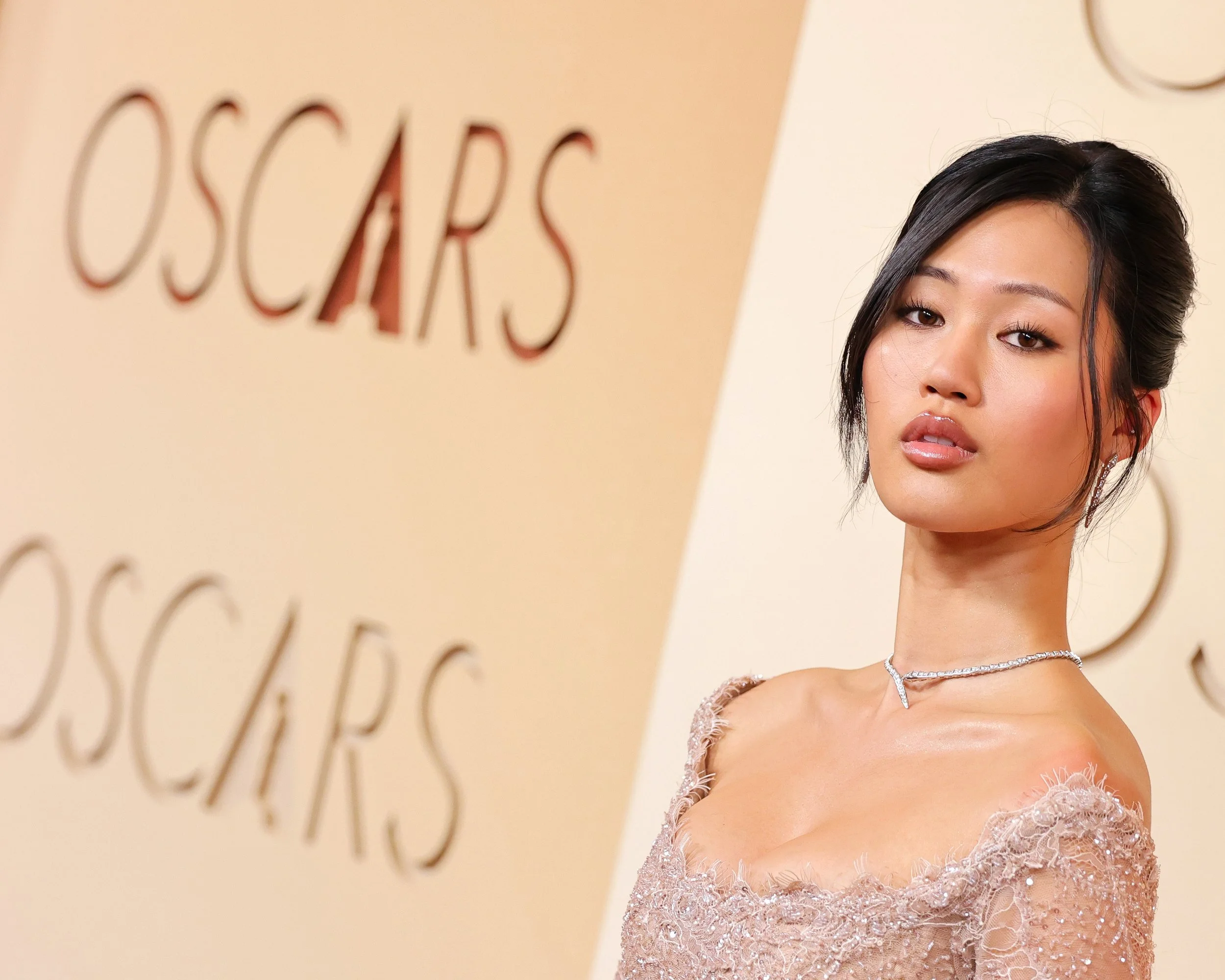 A woman attending the Oscars in an elegant lace gown and jewelry.
