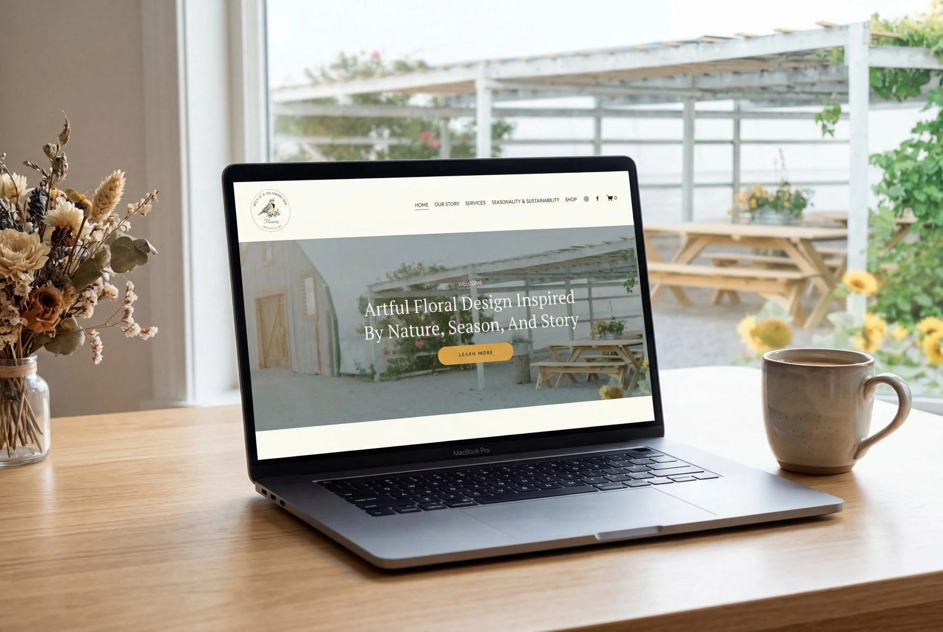 Millay and Meadowlark flower farm website on a MacBook Pro — homepage design by John August Design, Missoula Montana