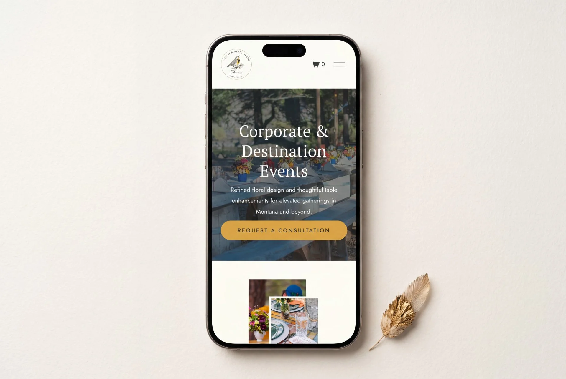 Millay and Meadowlark website mobile view — corporate events page design by John August Design