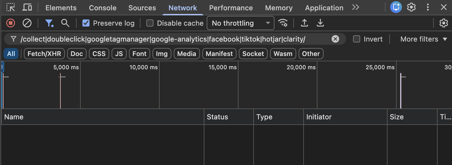 Chrome DevTools Network tab with a tracking filter applied, ready to record