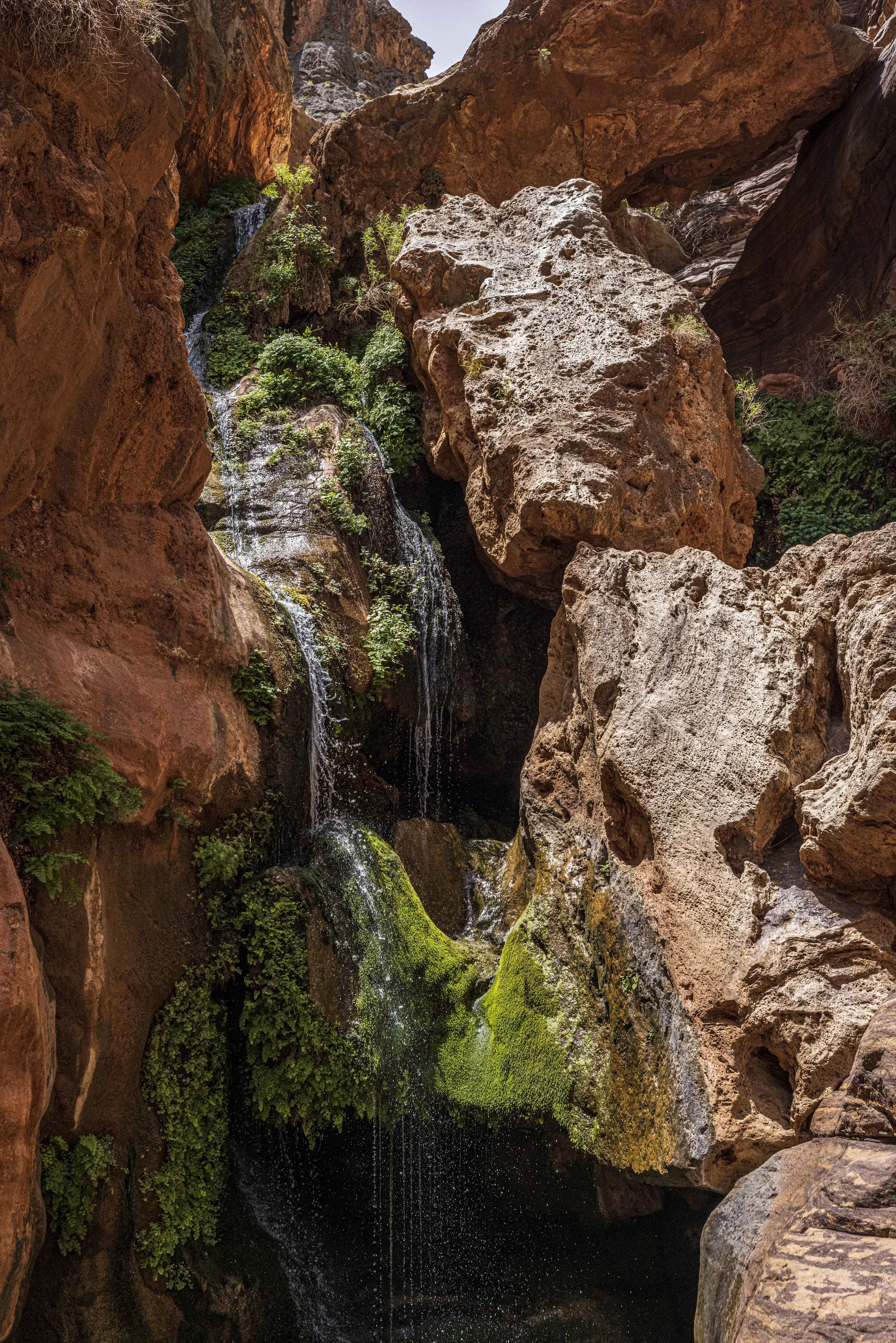 Small waterfall cascading over red and brown rocks with green moss and vegetation in a narrow canyon.
