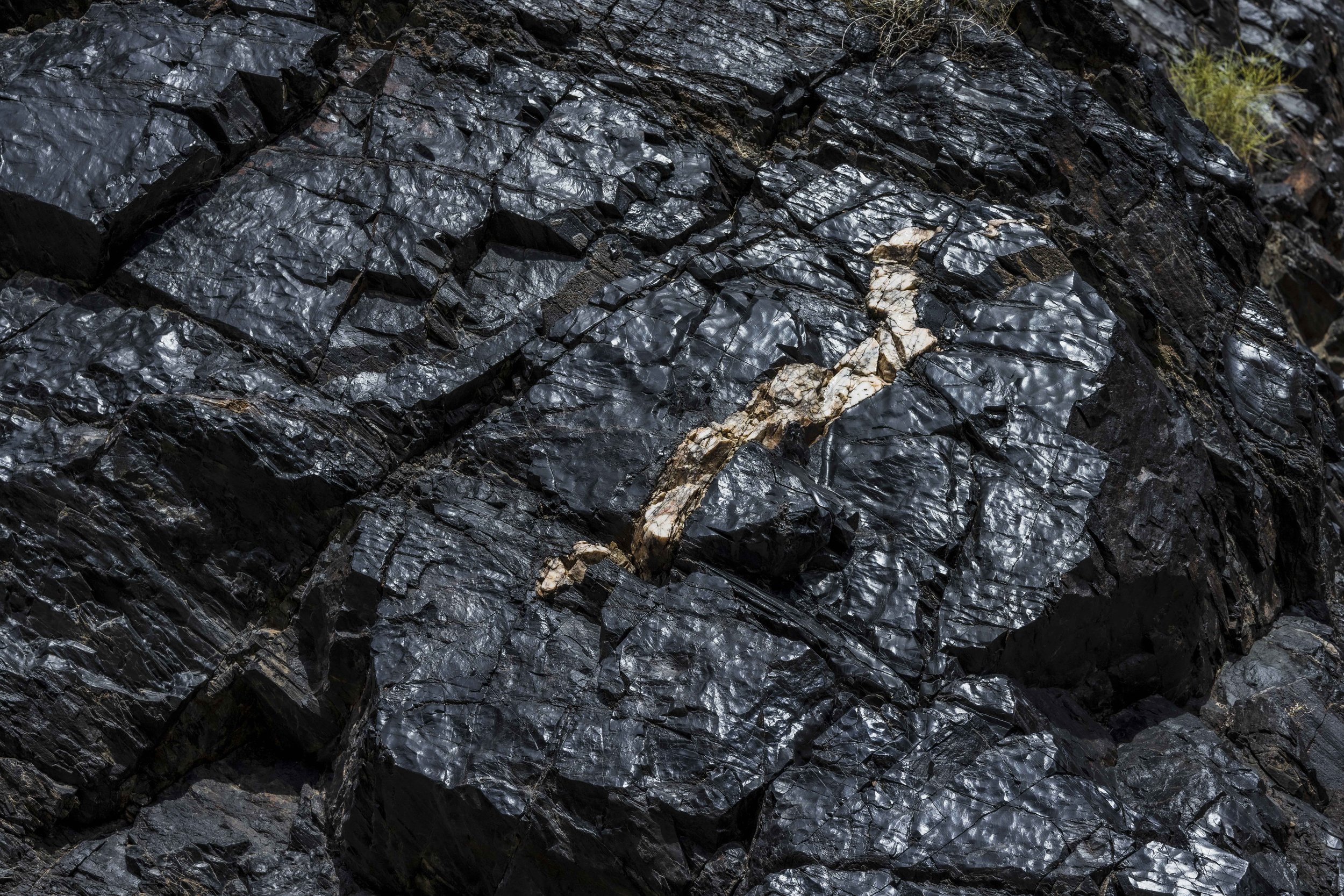 Close-up of black shiny rocks with a white and brown mineral vein running through them.