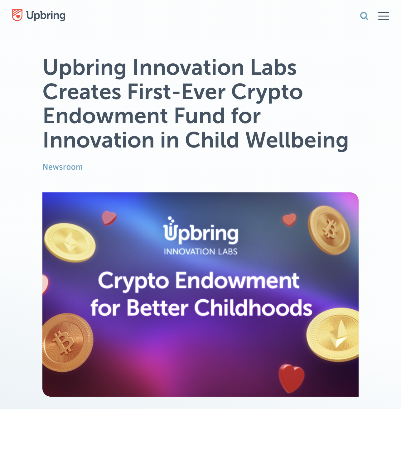 A digital graphic promoting Upbringing Innovation Labs' crypto endowment fund for childhood wellbeing, featuring floating cryptocurrency coins and hearts.