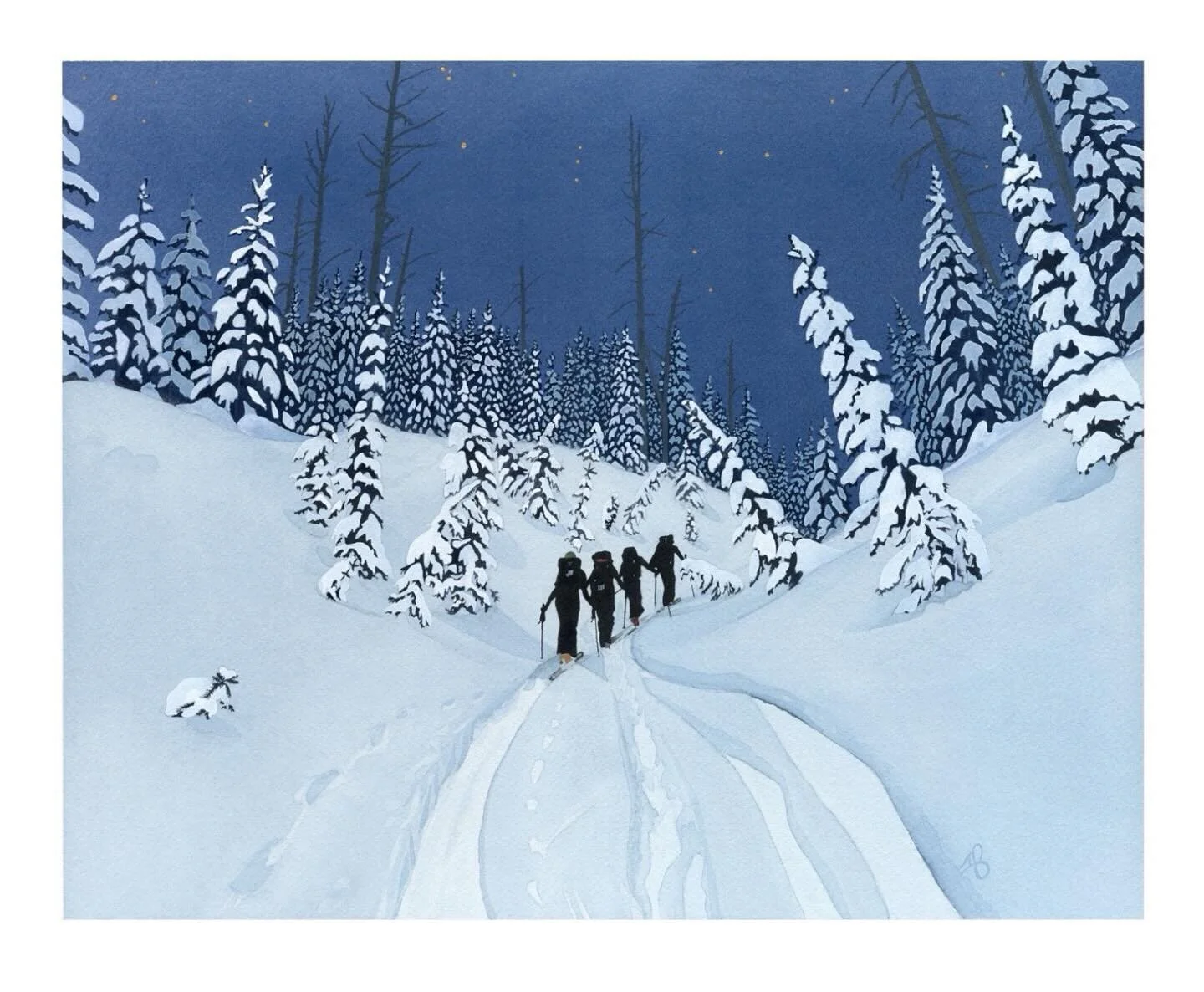 &bull; Night Laps&bull; 
11&rdquo; x14&rdquo;  Watercolor &amp; gouache on paper.
Happy Saturday! My shop update is live.

This new painting just flew away, but there are others, and there are new goosey-skier shirts to keep you cozy this winter&hell