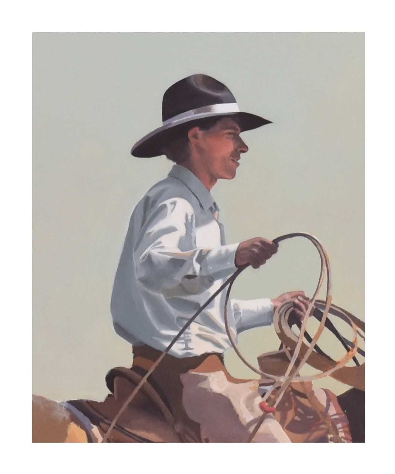 Coming along! Hat, head, shirt, and hands I&rsquo;m calling done. The rest of him, plus his horse and tack are all blocked in but need another layer so that they can be blended smoothly. 

I have found that each element takes me a few hours. Left han