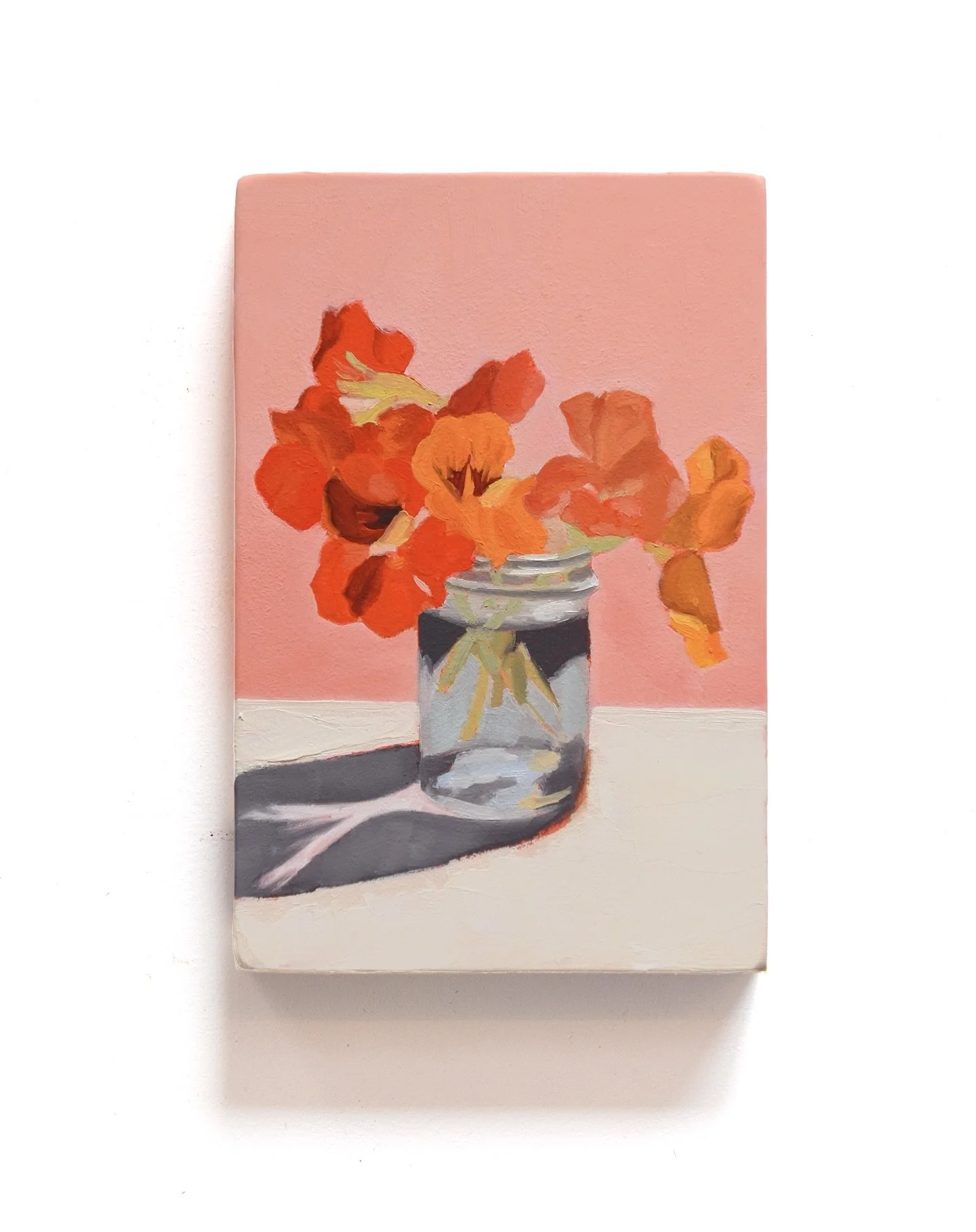 Still life of nasturtiums, oil on wood panel.

The scent of nasturtiums is strongly associated with the summers of my childhood and I love their bright, cheerful colors. I like to keep a bouquet of them at the bedside; when I am in that strange space
