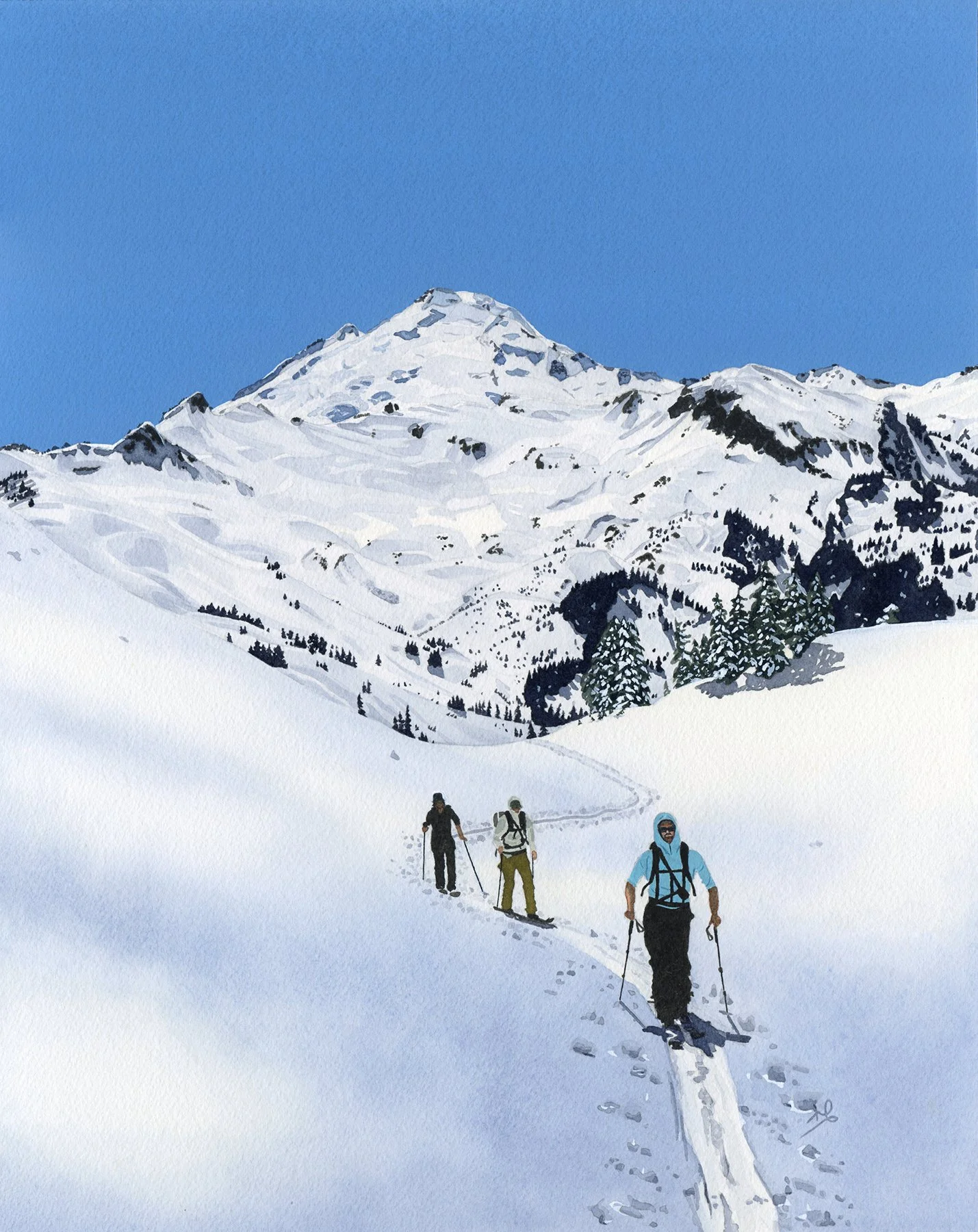 "Mount Baker Trail Breakers" •  2024 • 14" x 11" • Watercolor and gouache on paper  • Sold