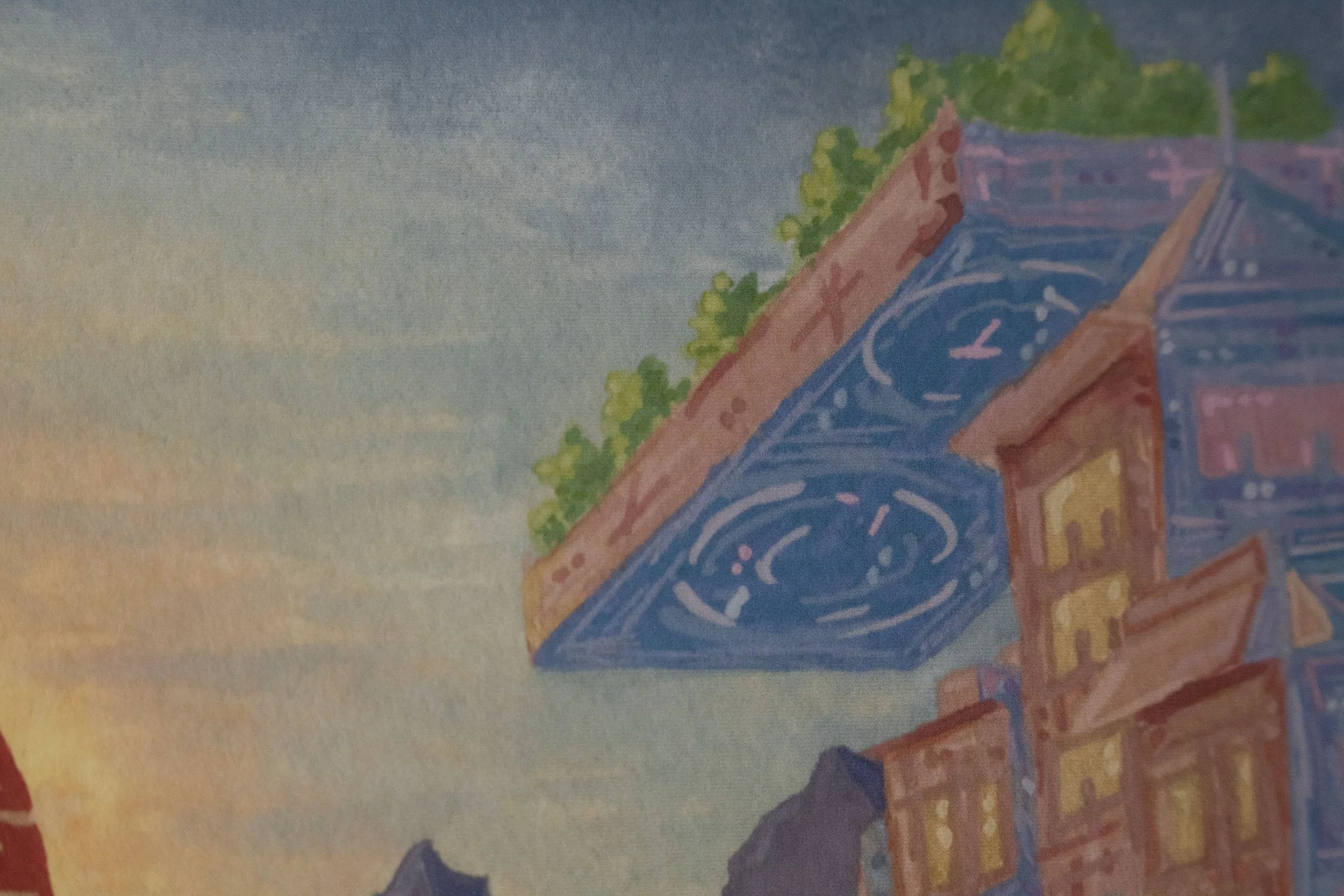 a detailed closeup of a gouache art print depicting a floating garden