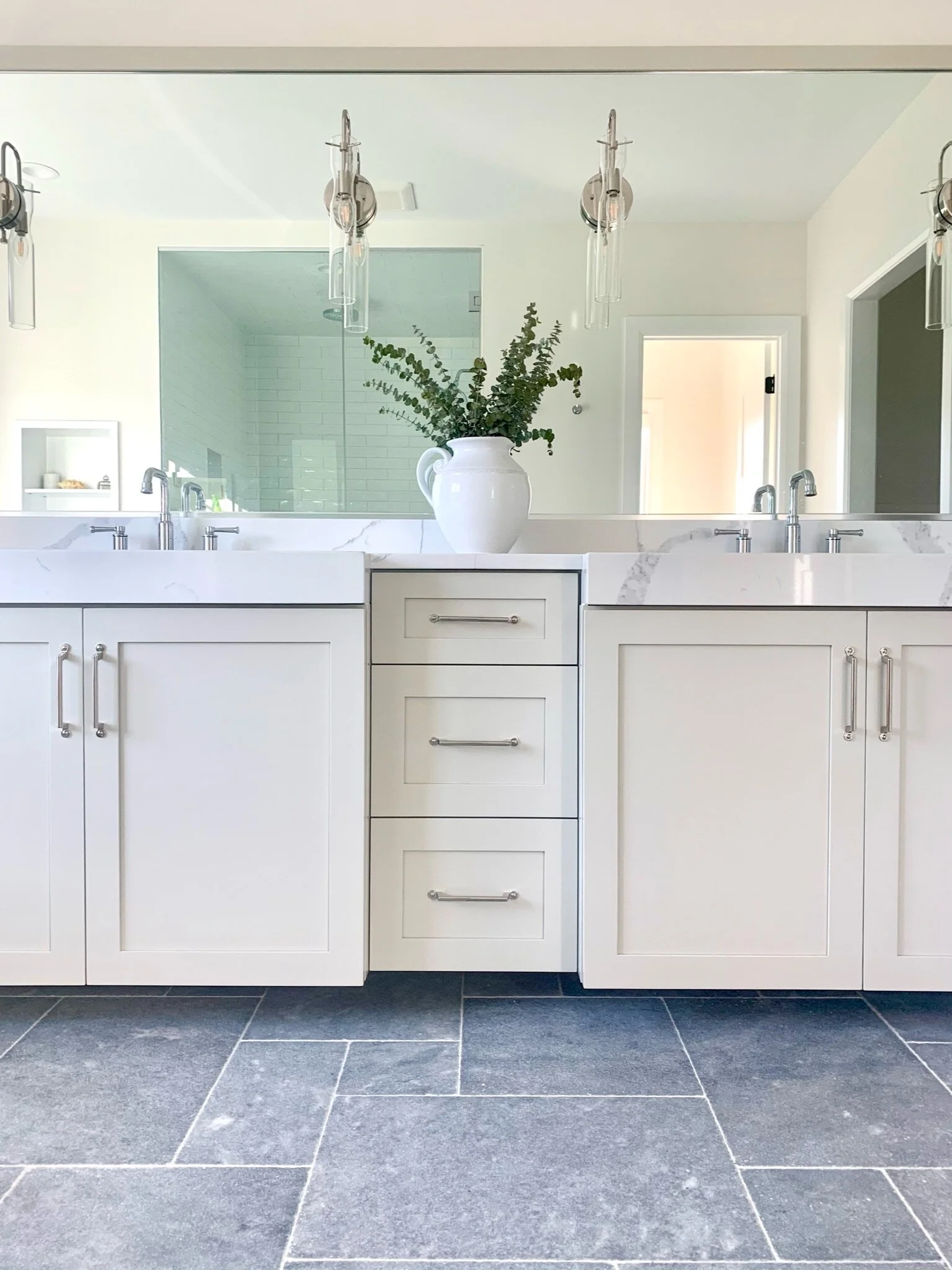 ArtesianDesigns_ bathroom blue marble turkish tile freestanding tub sw useful gray vanity cabinet organic master bath mitered quartz top