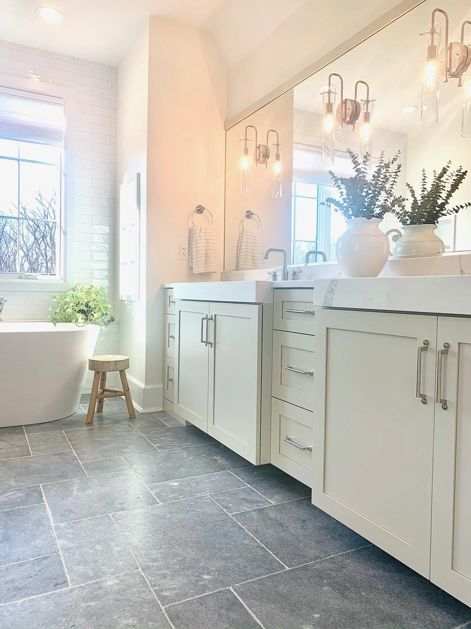 ArtesianDesigns_ bathroom blue marble turkish tile freestanding tub sw useful gray vanity cabinet organic master bath mitered quartz top