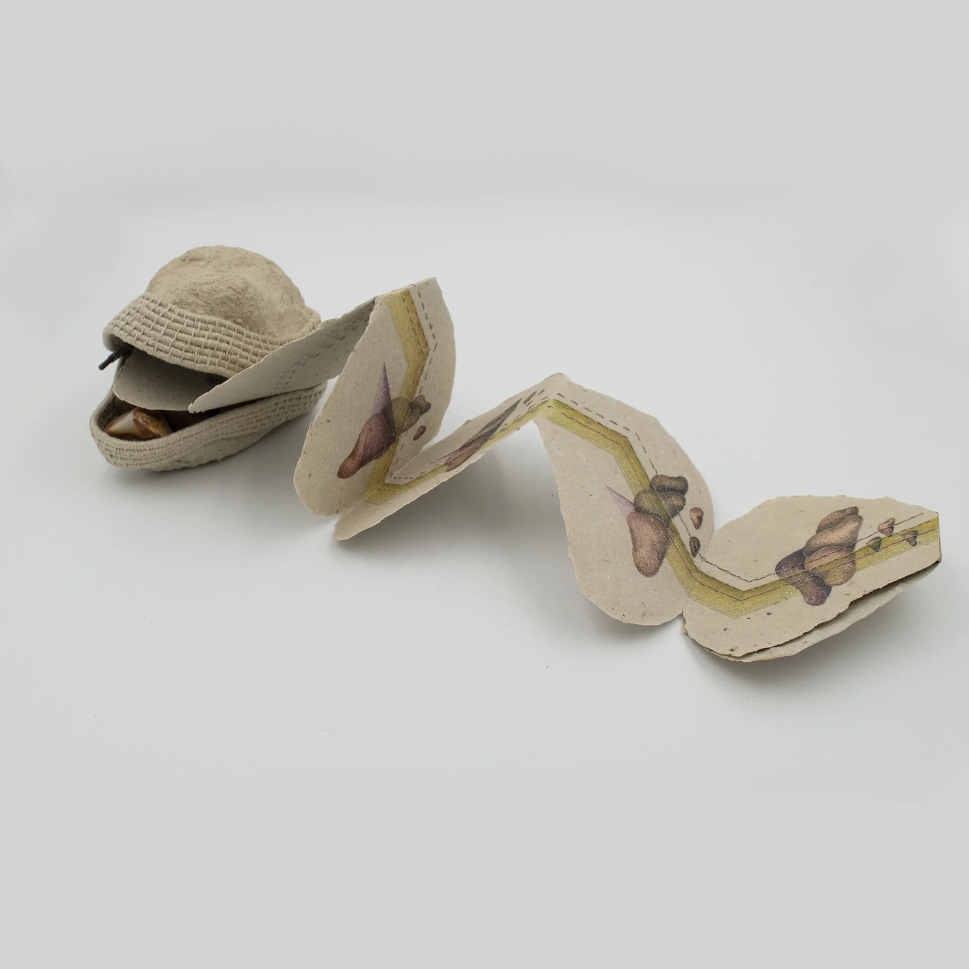 Rocks to Pyramids. 5"x15"x4" (open). Abaca, linen, silver wire, colored pencil.