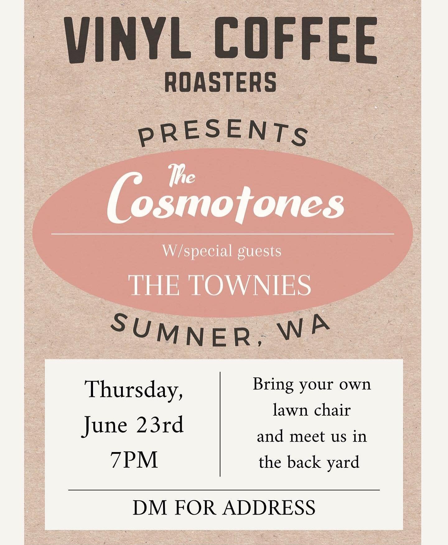 Hey friends &amp; loyal Vinyl heads, we&rsquo;ll be gathering in the Arborvitae Cathedral this Thursday at 7pm to turn up the summer jams with our soulful friends The Cosmotones and dad rocker The Townies! Bring your own lawn chair or blanket and mes
