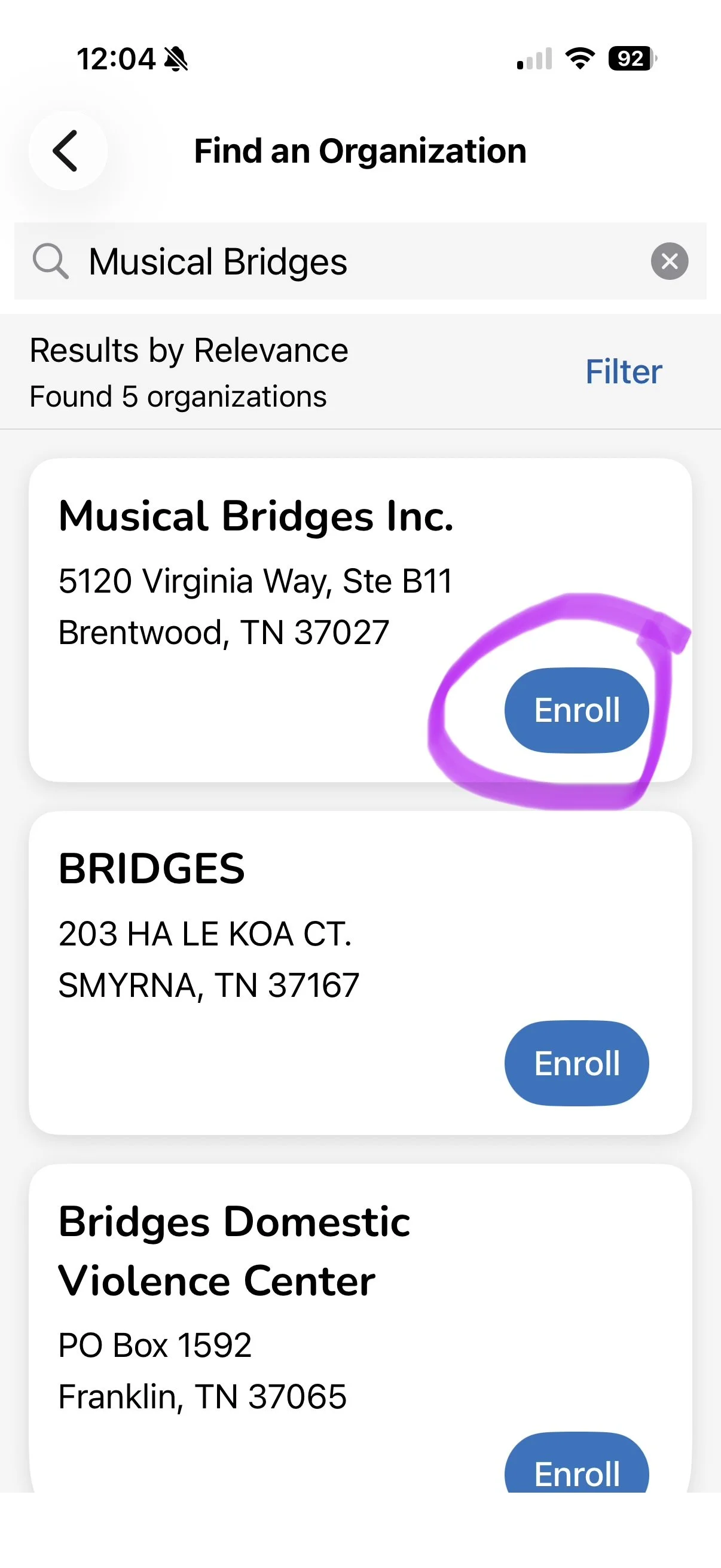 Search "Musical Bridges Inc." then click "Enroll." 
