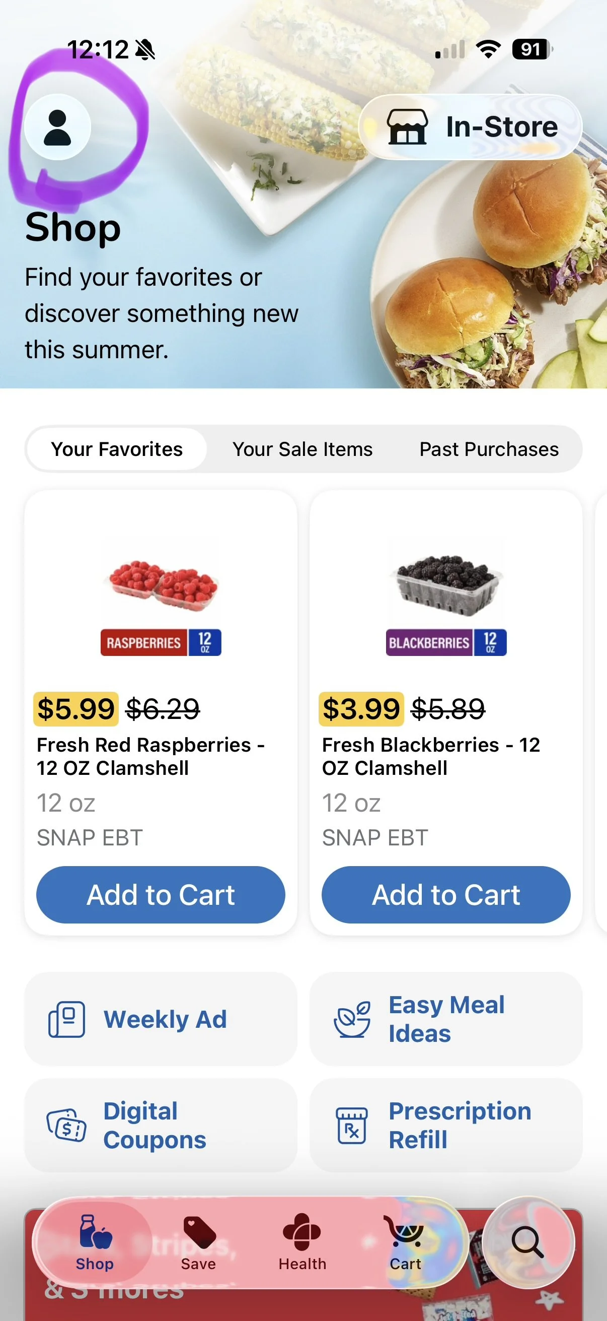 Pull up Kroger app. Ensure you have a local store selected. Press the Profile icon on the top left. 