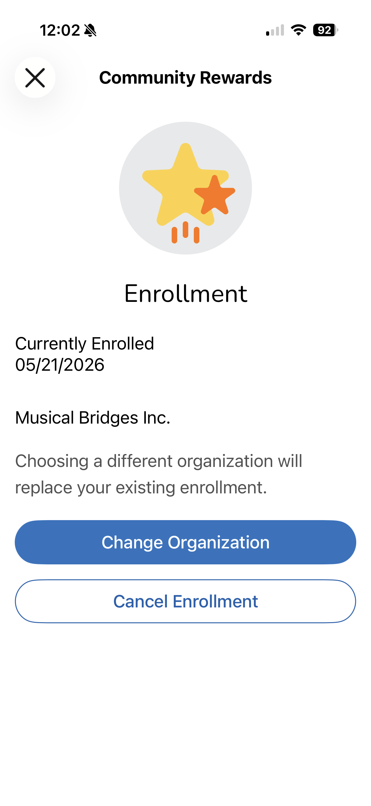 You did it! If you're already registered with another nonprofit and wish to change, you'd click "Change Organization." 