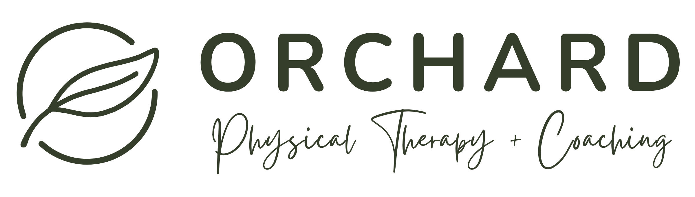 Logo for Orchard Physical Therapy and Coaching featuring a leaf design and text.