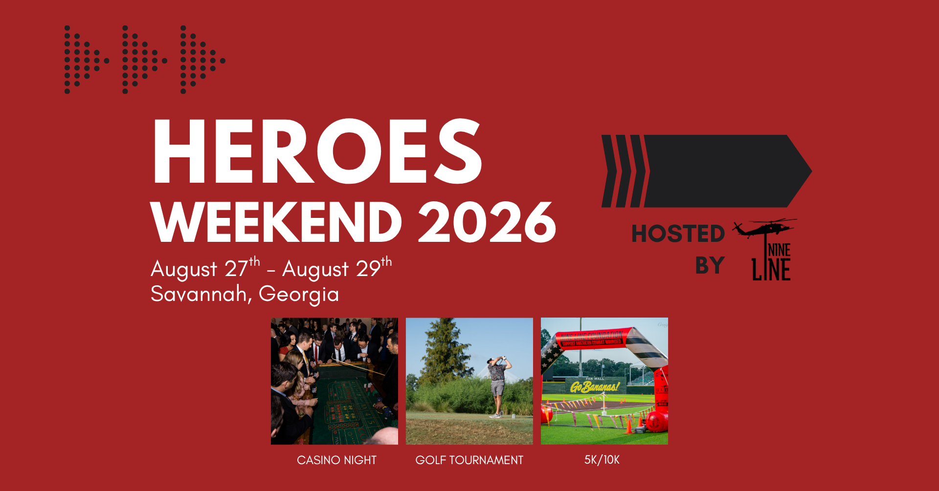Nine Line Heroes Weekend 2026 banner showing casino night, golf and running events