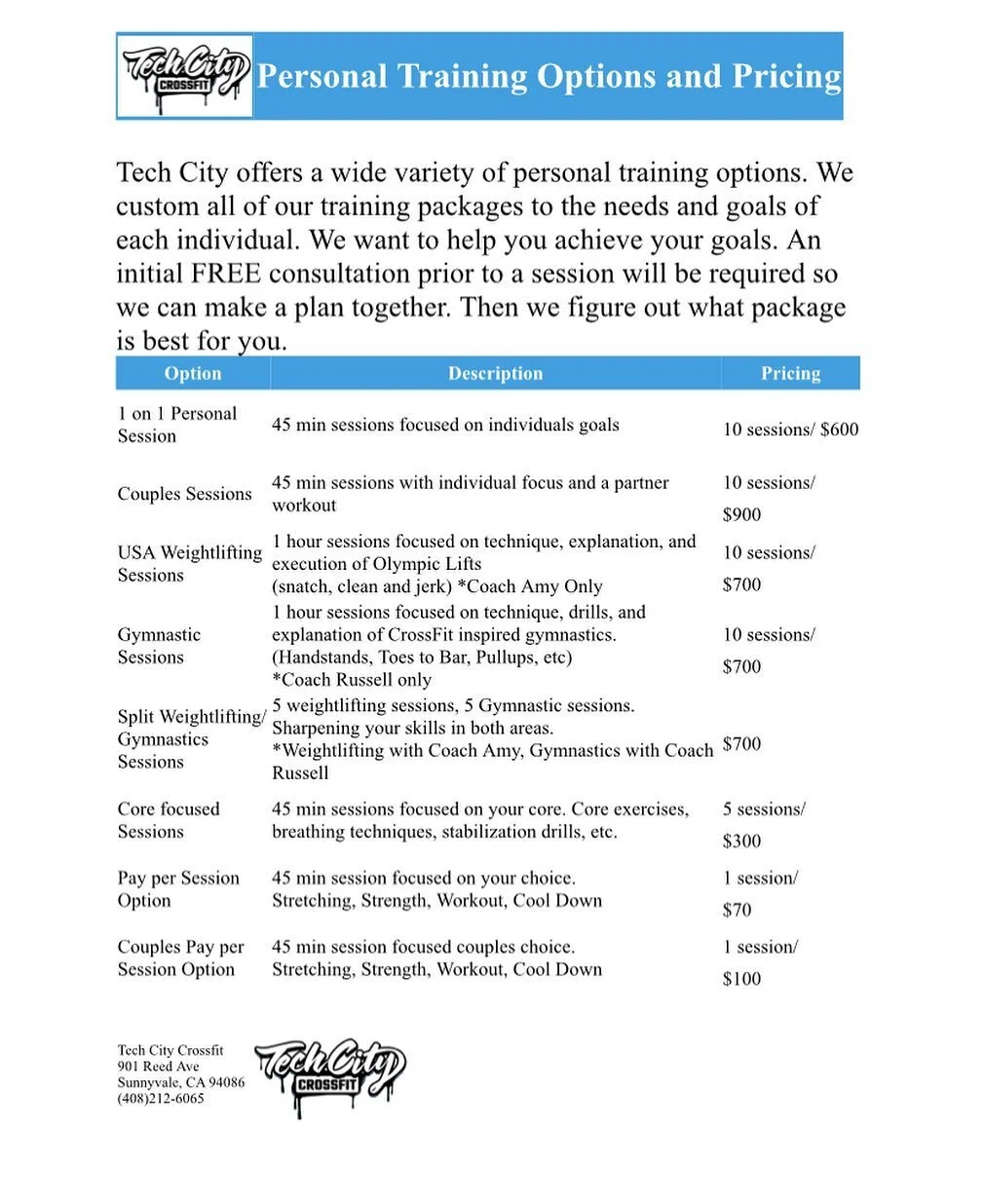 Personal Training AVAILABLE! 
Whether it&rsquo;s custom personal sessions, weightlifting sessions, or gymnastics sessions we got you! #techcitycrossfit #personaltraining #bayareapersonaltrainer