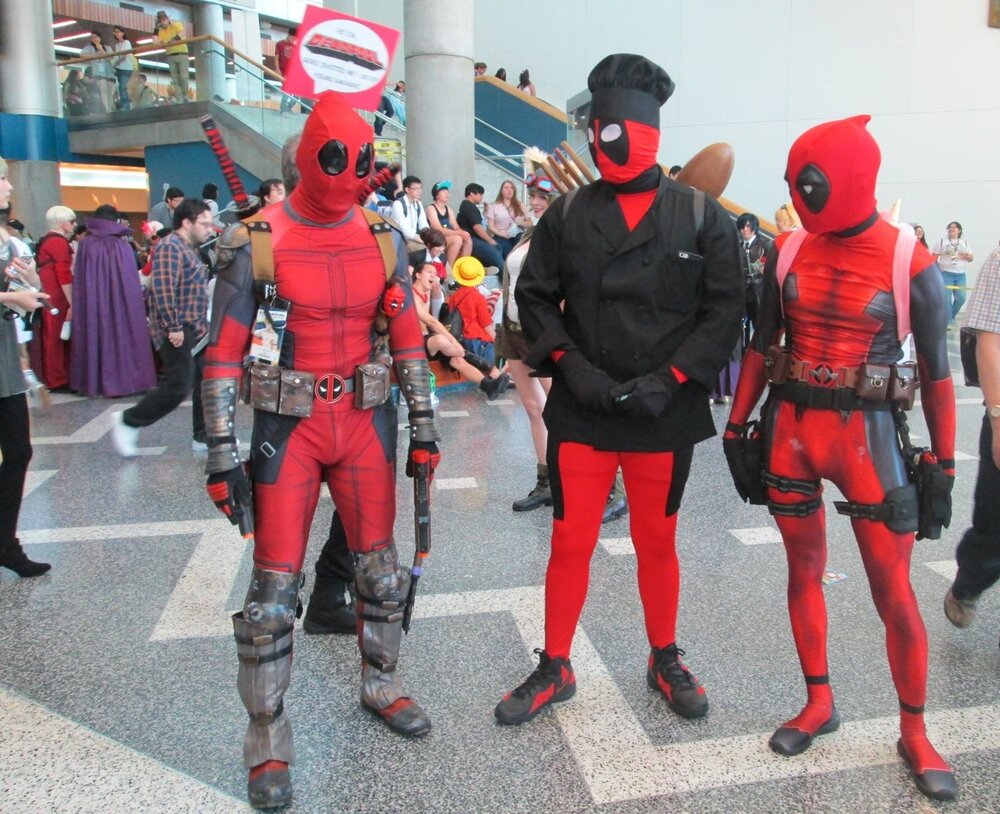 Unknown cosplayers as Deadpool (in zentais) from Deadpool. Photo was taken by Reila at FanimeCon 2016.