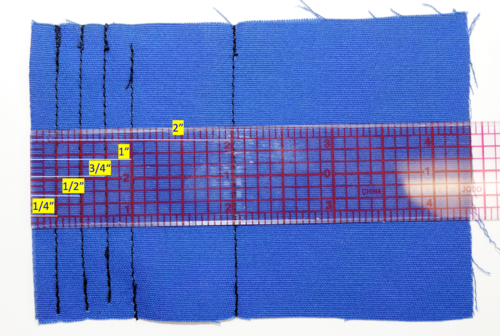 Different measurements of seam allowance (each one starting from the far left side of the ruler).