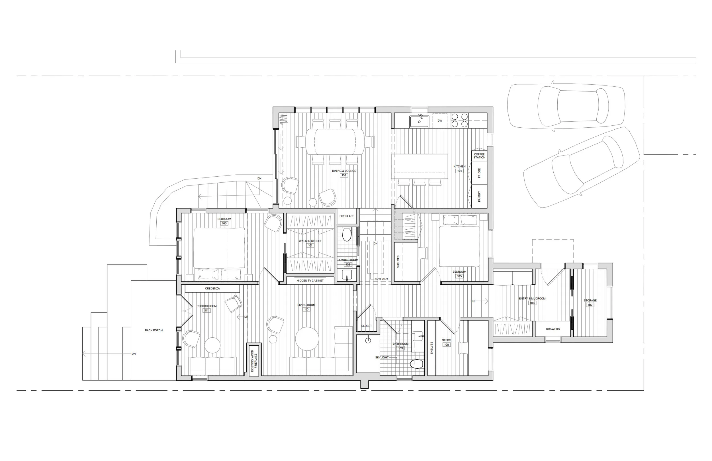 A detailed architectural floor plan of a house showing rooms, furniture placement, and layout.