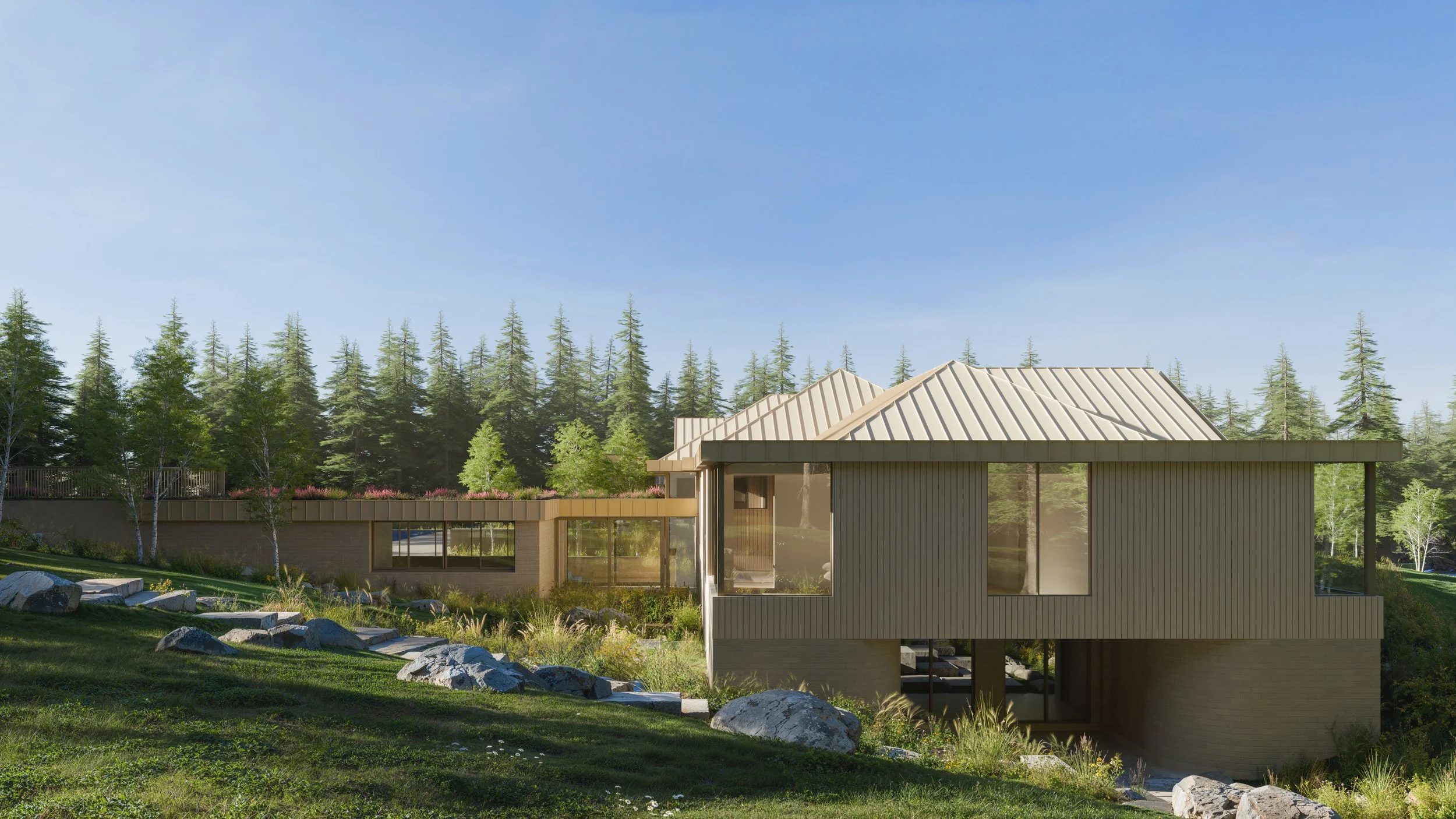 Modern house with large windows, situated on a lush green hillside with rocks, surrounded by tall trees and a clear blue sky.