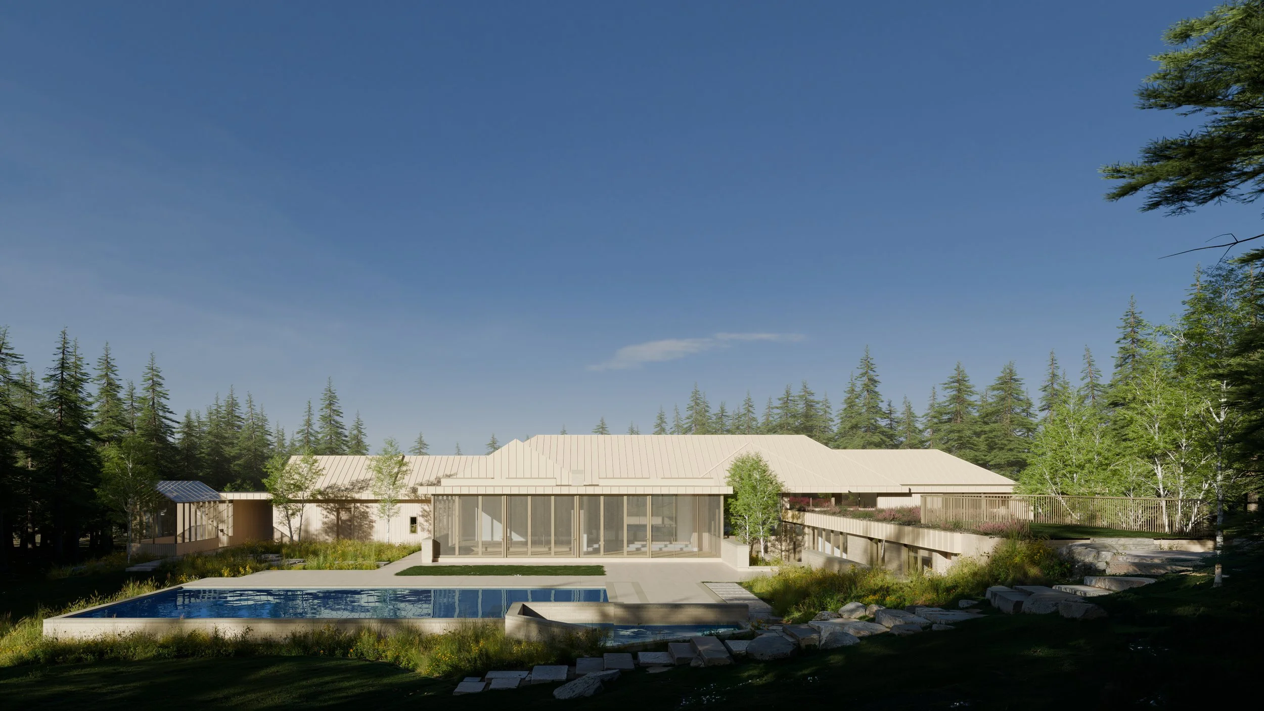 Modern house with large glass windows, a swimming pool, surrounded by trees and greenery under a clear blue sky.