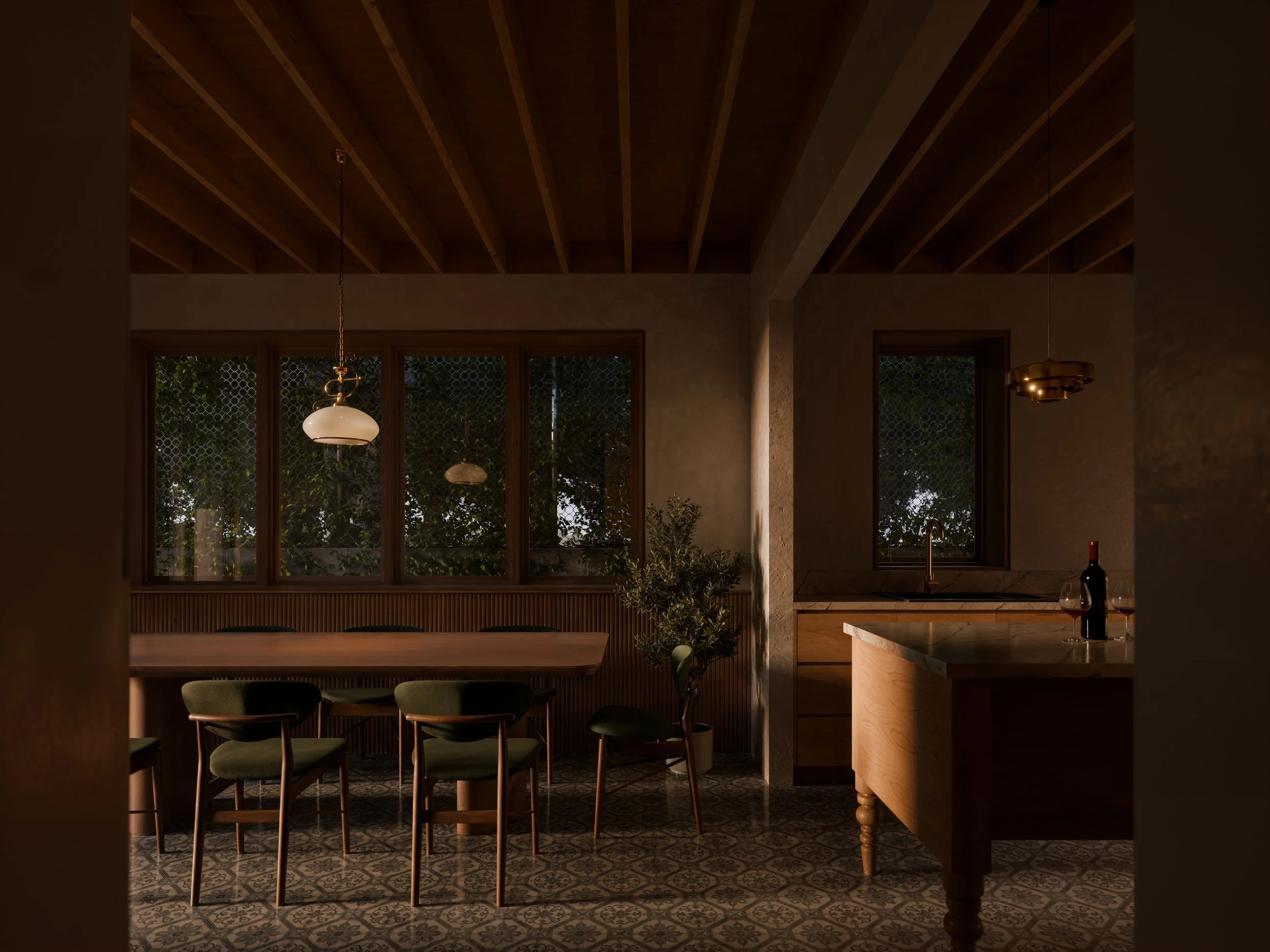 Interior of a modern dining area with large windows, wooden ceiling beams, hanging pendant lights, a dining table with green chairs, and a patterned tile floor.