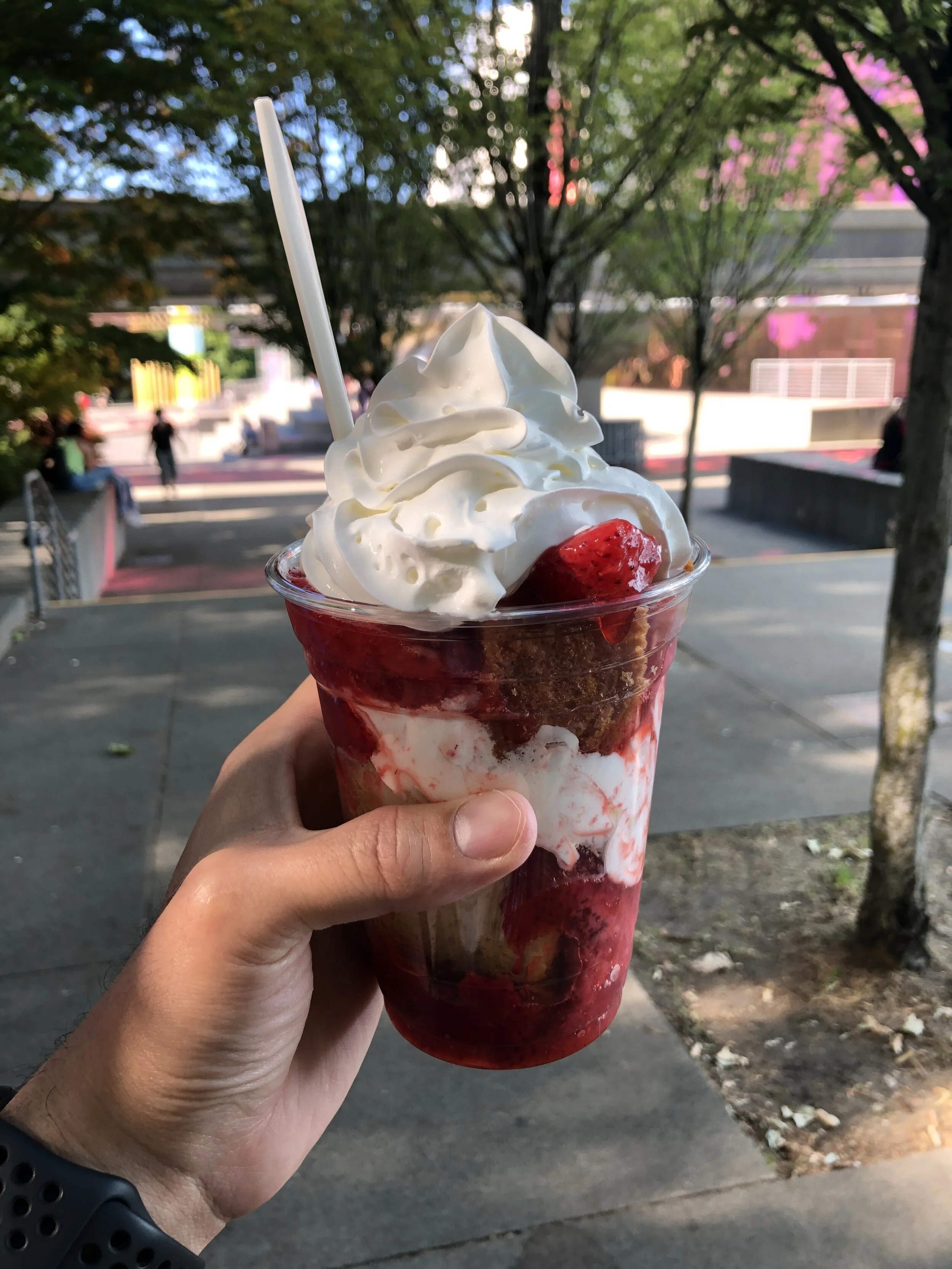 a delicious strawberry shortcake at the bottom of the tower