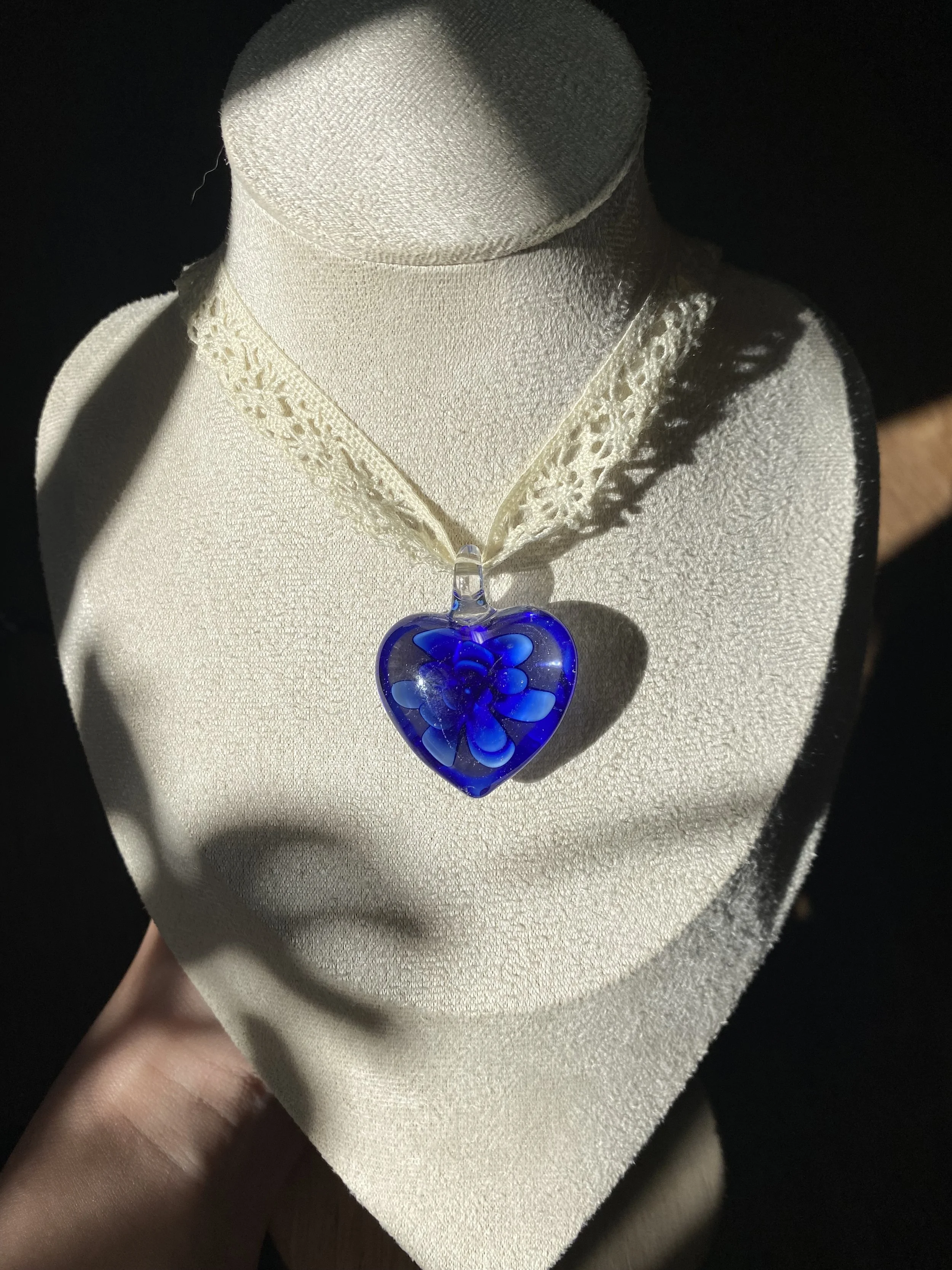 Blue Floral Heart Glass Pendant Necklace