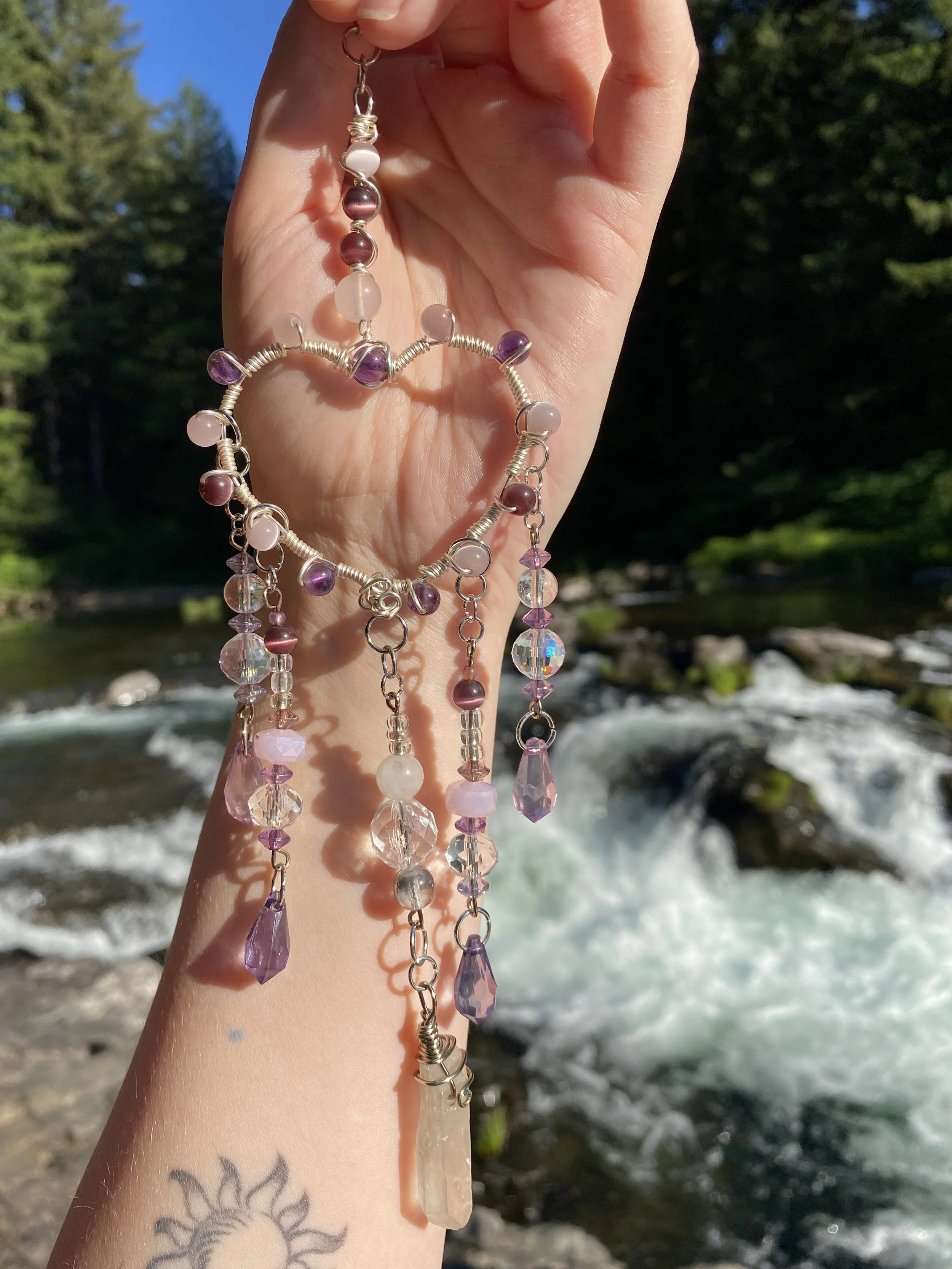 Sliver Heart with Amethyst & Rose Quartz