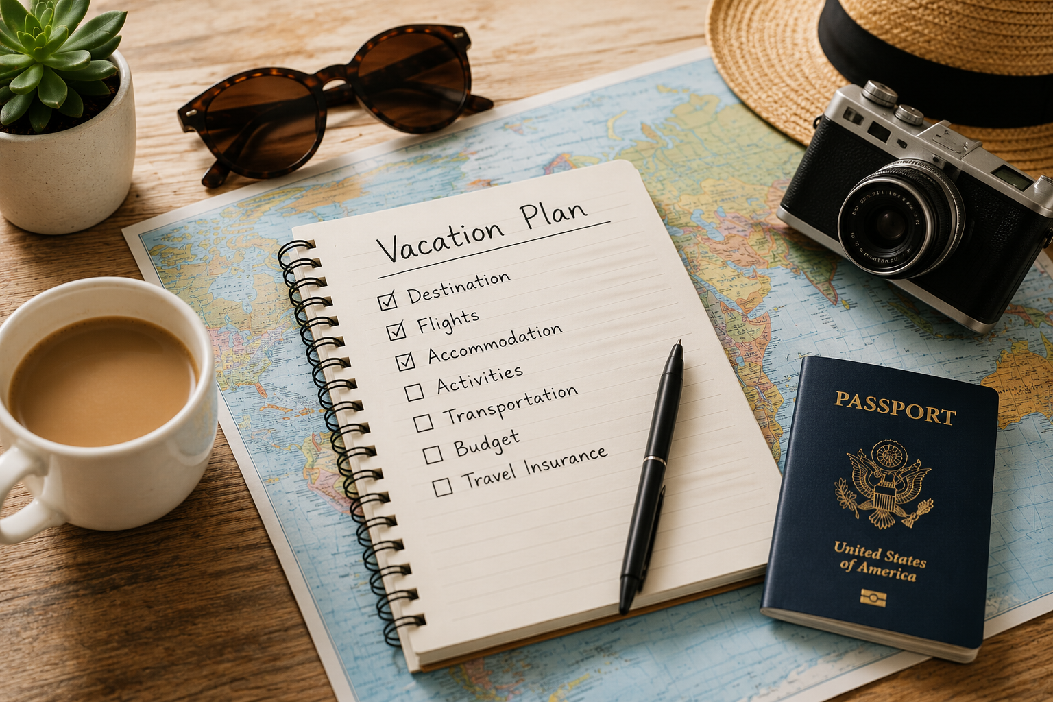 Travel planning essentials including a passport, world map, vacation checklist, coffee, camera, and sunglasses arranged on a desk.