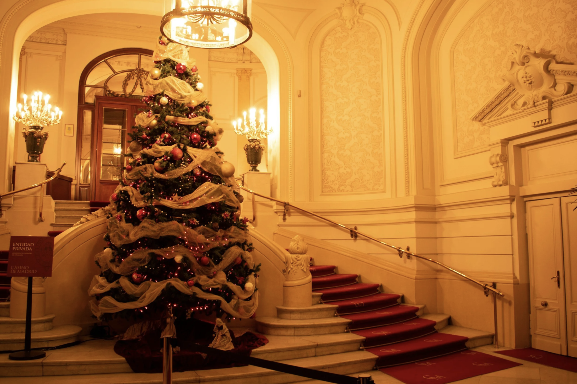 Elegantly decorated Christmas tree beside a grand staircase inside a historic mansion during the holiday season.