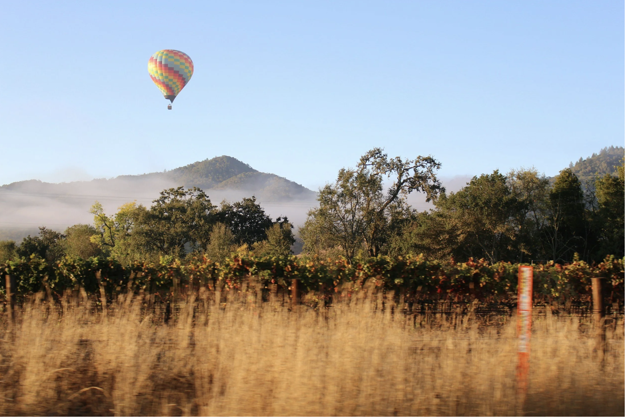 Hot air balloon flying over Napa Valley vineyards and rolling hills during fall in California.