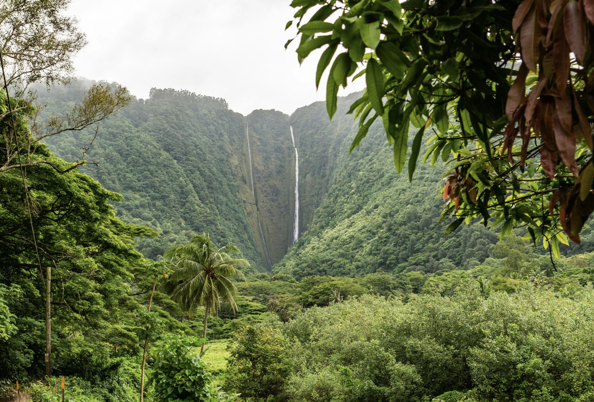 Waterfalls cascading through lush tropical mountains in Maui, Hawaii, a scenic warm-weather winter getaway.