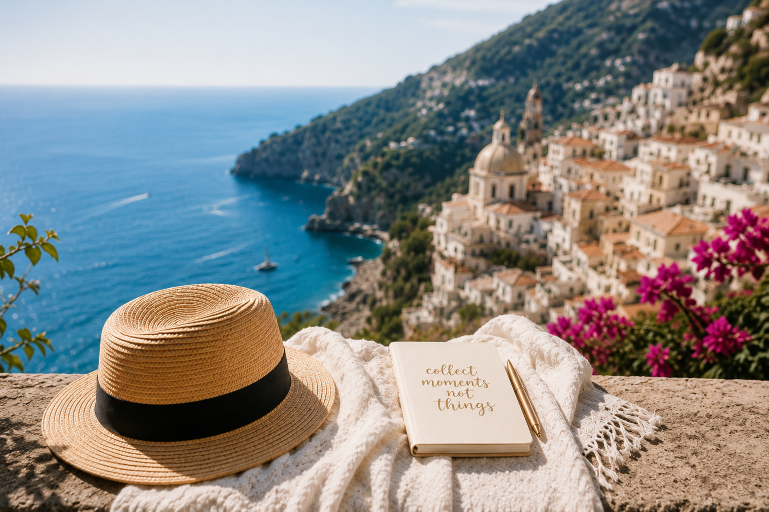 Straw hat and travel journal overlooking the Italian coastline with colorful cliffside villages and the Mediterranean Sea.