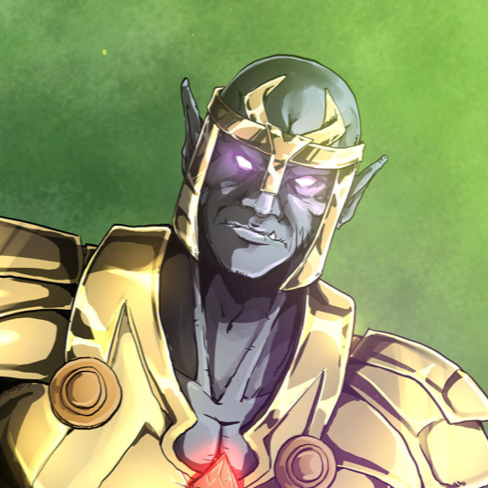 A fantasy-style illustration of a dark-skinned, muscular warrior in golden armor, holding a large curved sword in his right hand and glowing purple magic in his left hand. He wears a dark cape and has a stern expression.
