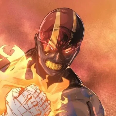 A muscular superhero with a black and yellow mask, glowing eyes, and an intense expression, surrounded by flames.