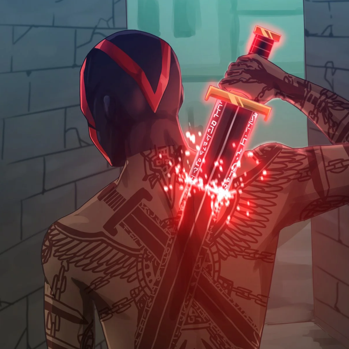 A man with tattoos and a red and black helmet in a dark alley, stabbing a glowing sword into his back which bursts with red light.
